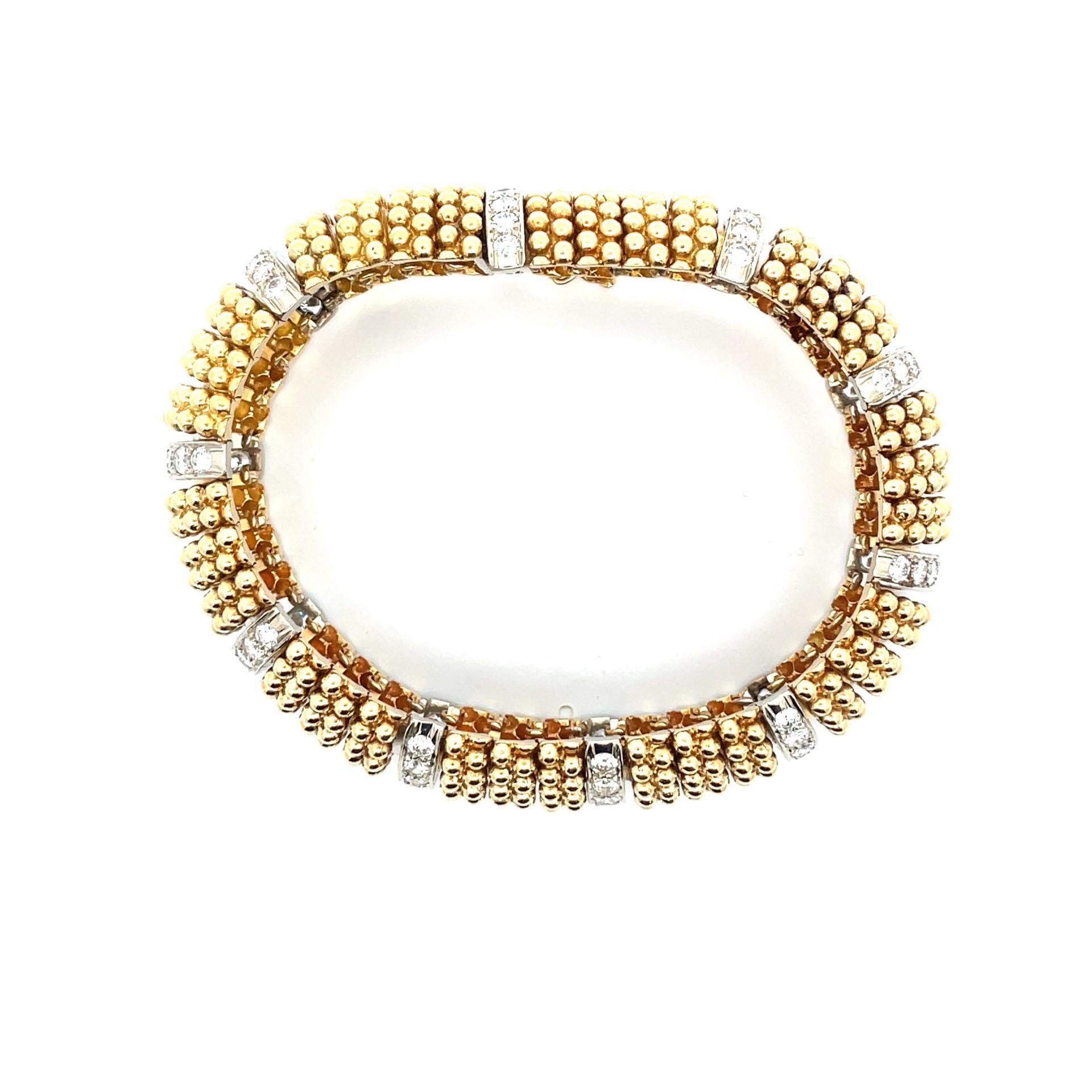Round Cut Vintage Wide Gold Beads & Diamond Bracelet in Yellow and White Gold For Sale