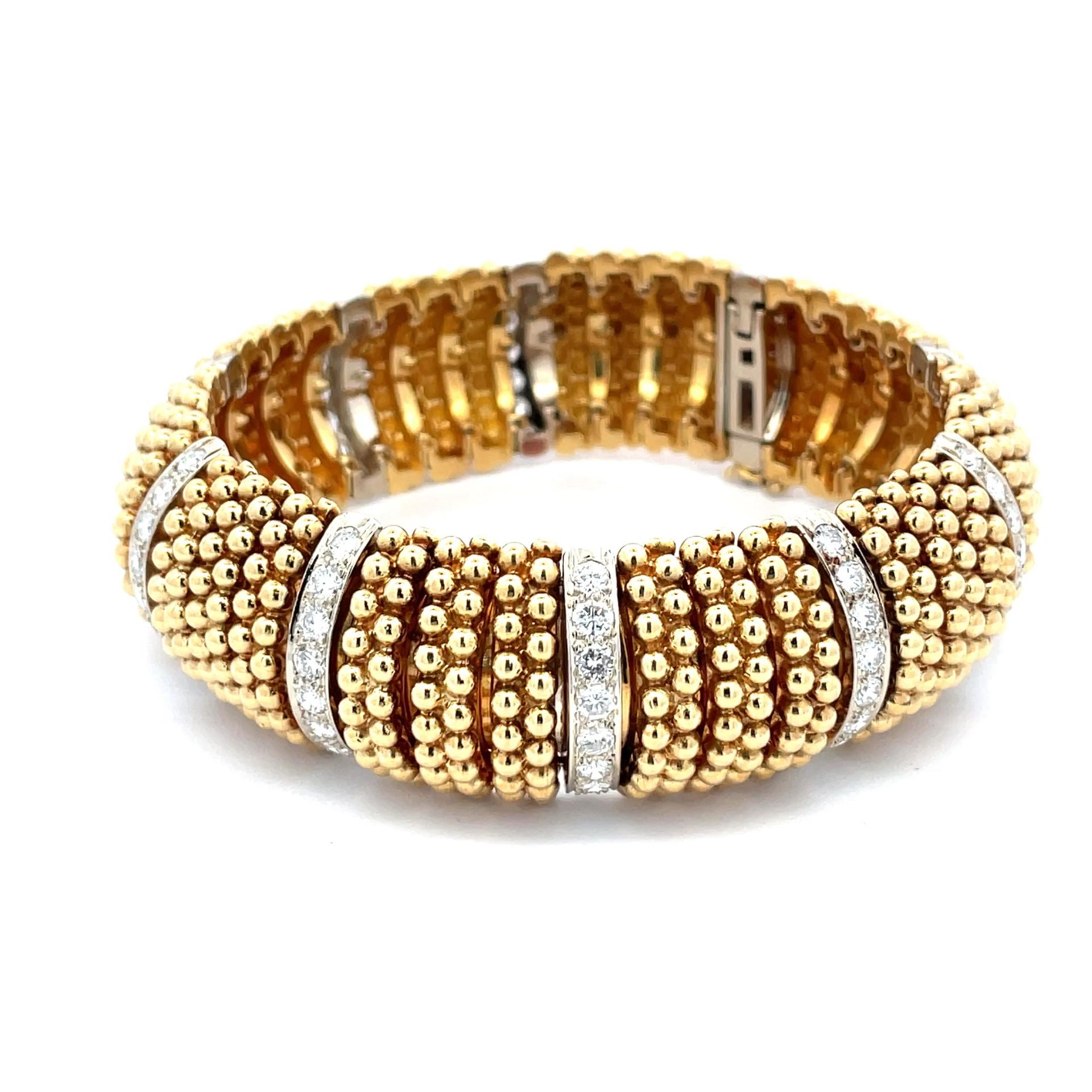 Vintage Wide Gold Beads & Diamond Bracelet in Yellow and White Gold In New Condition For Sale In Westmount, CA