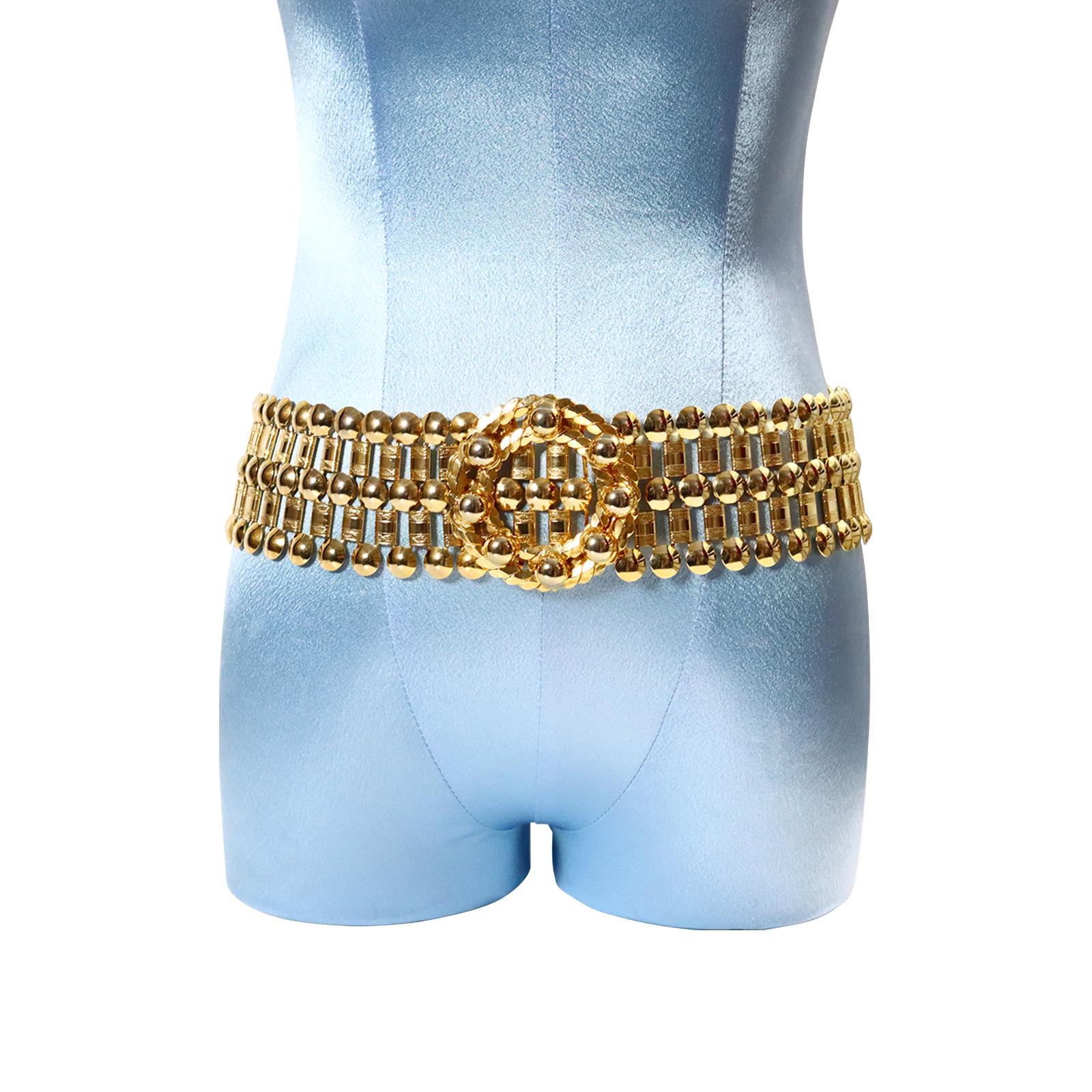 Modern Vintage Wide Gold Tone Link Belt With Round Buckle For Sale