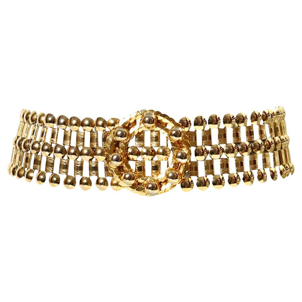 Vintage Wide Gold Tone Link Belt With Round Buckle For Sale