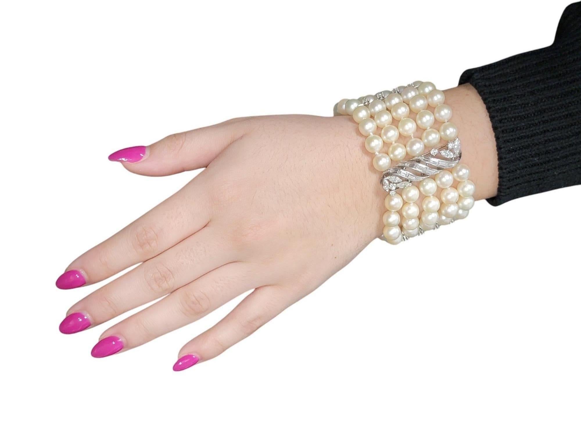Bracciale vintage con perle coltivate e diamanti a più fili in platino in vendita 5