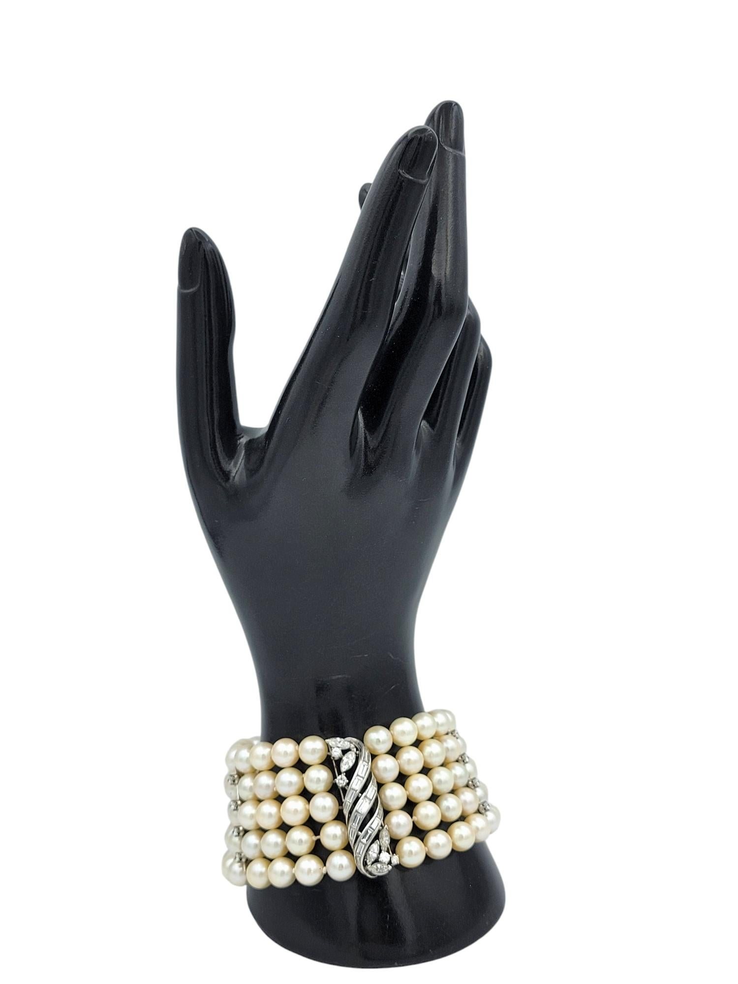 Bracciale vintage con perle coltivate e diamanti a più fili in platino in vendita 6