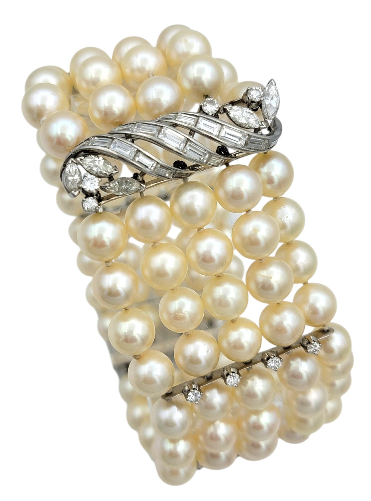 Contemporaneo Bracciale vintage con perle coltivate e diamanti a più fili in platino in vendita