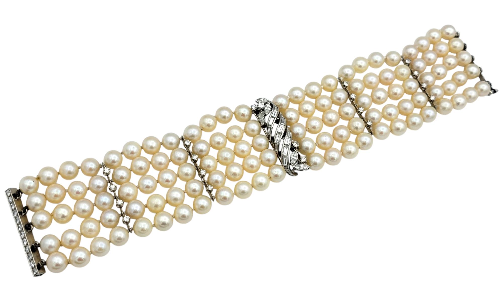 Donna Bracciale vintage con perle coltivate e diamanti a più fili in platino in vendita