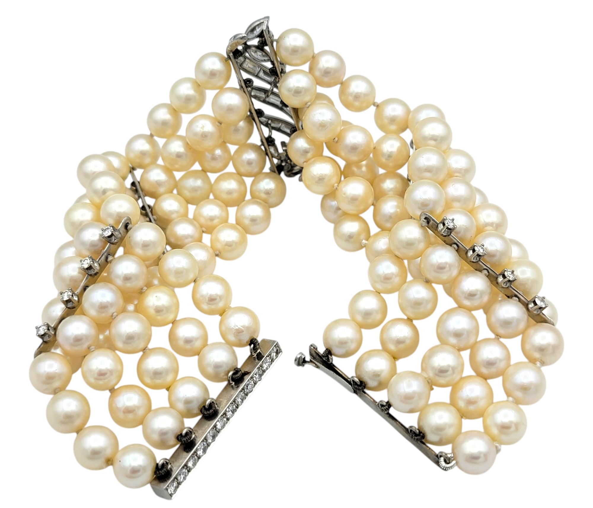 Bracciale vintage con perle coltivate e diamanti a più fili in platino in vendita 1