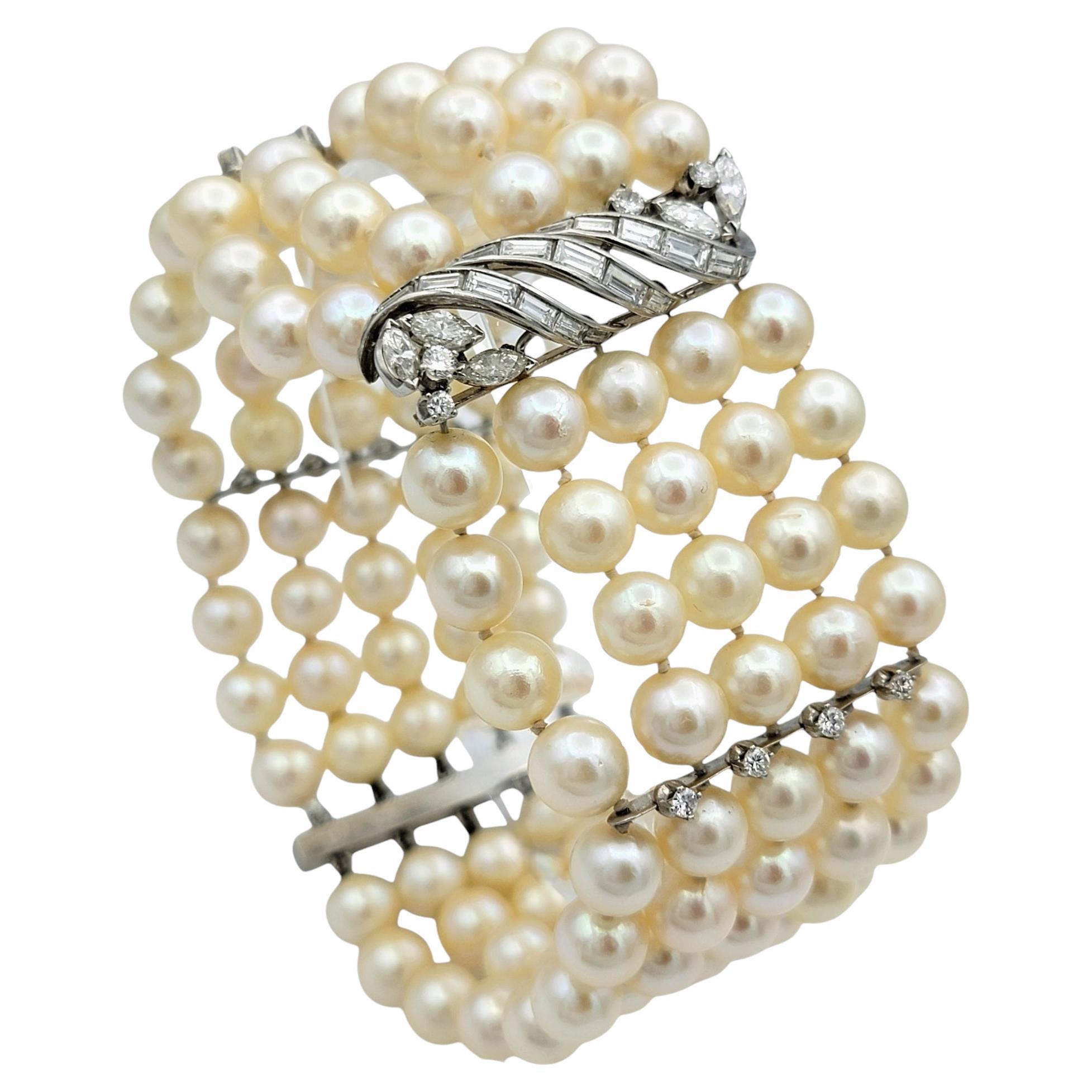 Vintage Wide Multi-Strand Cultured Pearl and Diamond Bracelet in Platinum