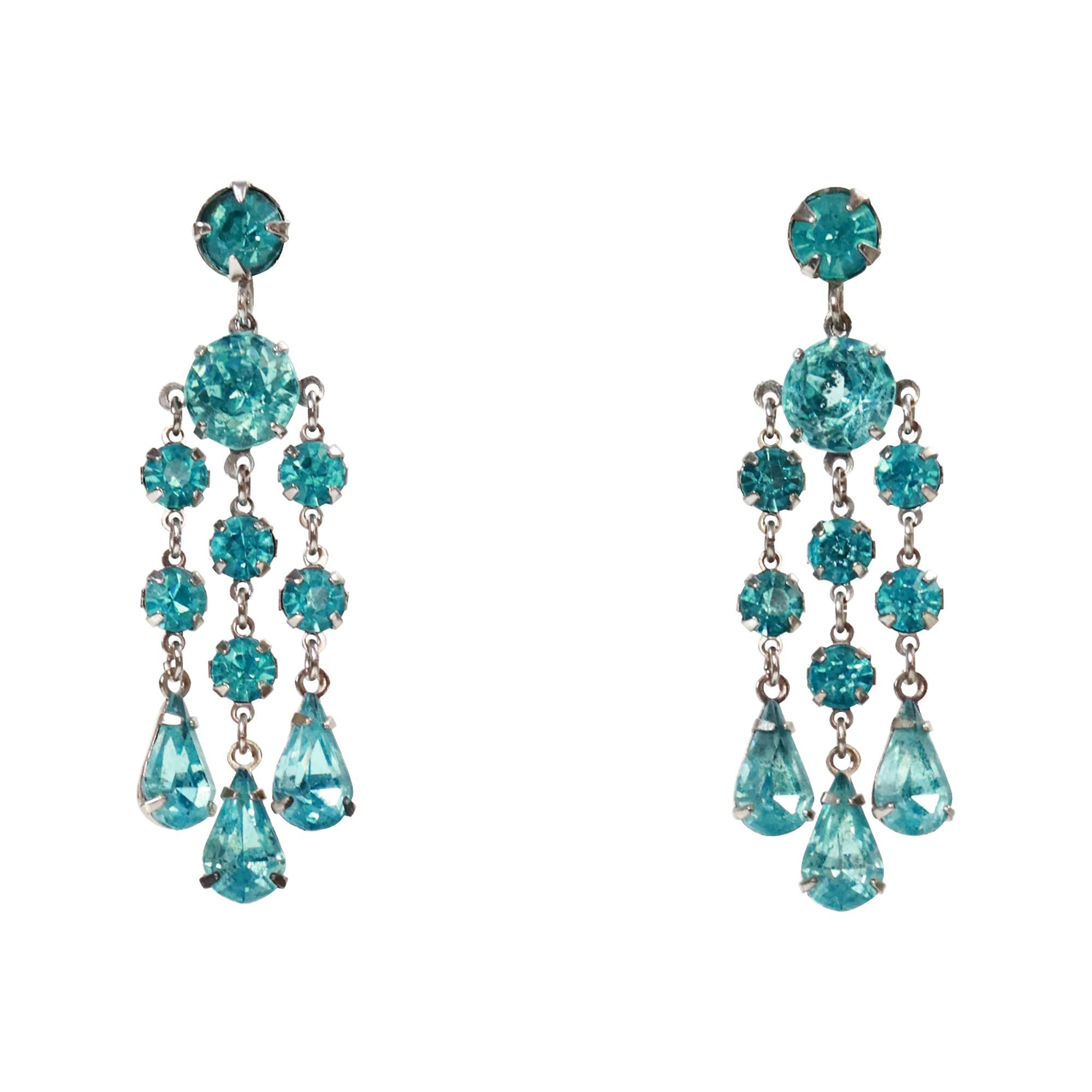 Vintage Wiesner Round and Pear Dangling Earrings, circa 1940s.  These beautiful blue-green dangling chandelier earrings, with an unusual color that can morph into many shades, have a chic look and are in great shape for being almost 80 years old. 