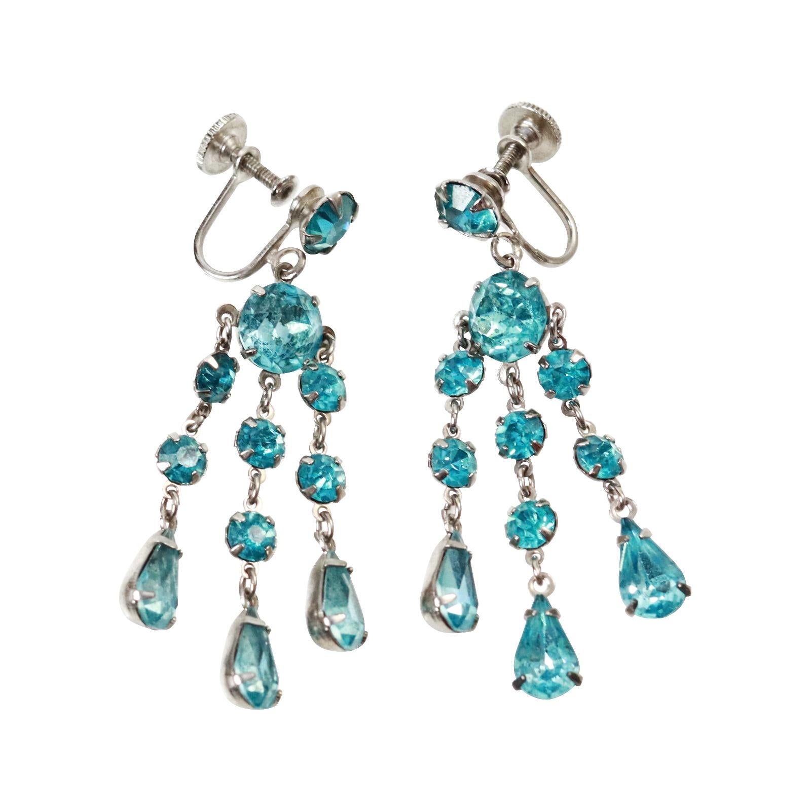 Vintage Wiesner Round and Pear Dangling Earrings circa 1960s.  These beautiful Blue Green dangling chandelier earrings with the unusual color that could morph into many shades has such a chic look and is in such great shape for almost 60 years old. 