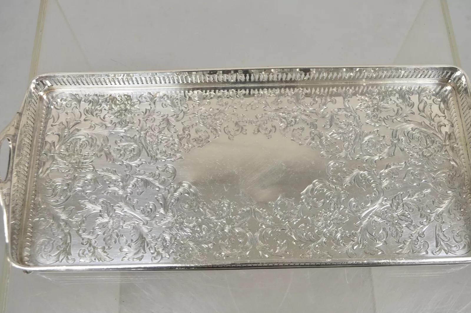 Vintage Wilcox Victorian Floral Engraved Narrow Silver Plated Trinket Dish In Good Condition For Sale In Philadelphia, PA