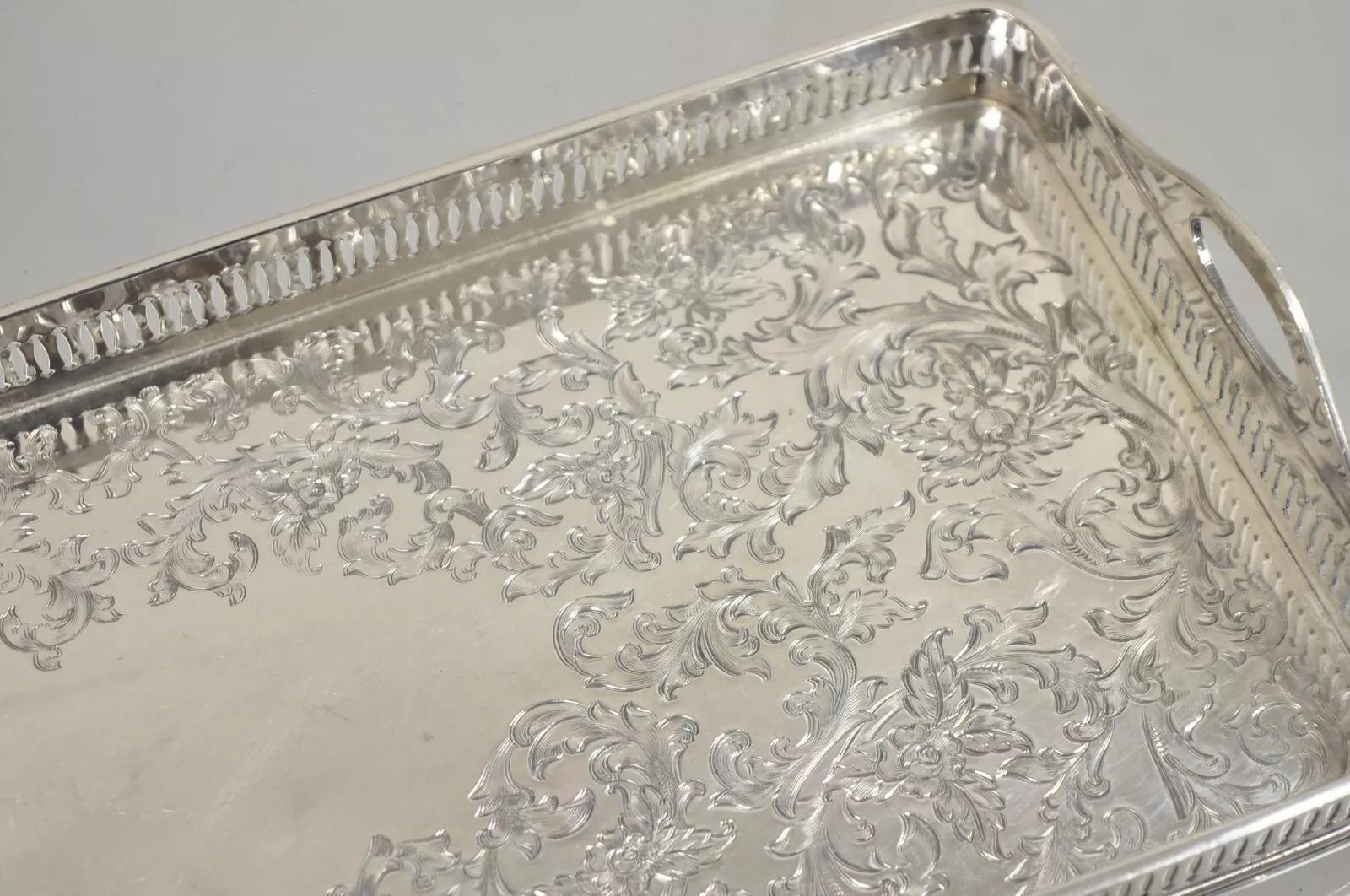 Vintage Wilcox Victorian Floral Engraved Narrow Silver Plated Trinket Dish For Sale 1