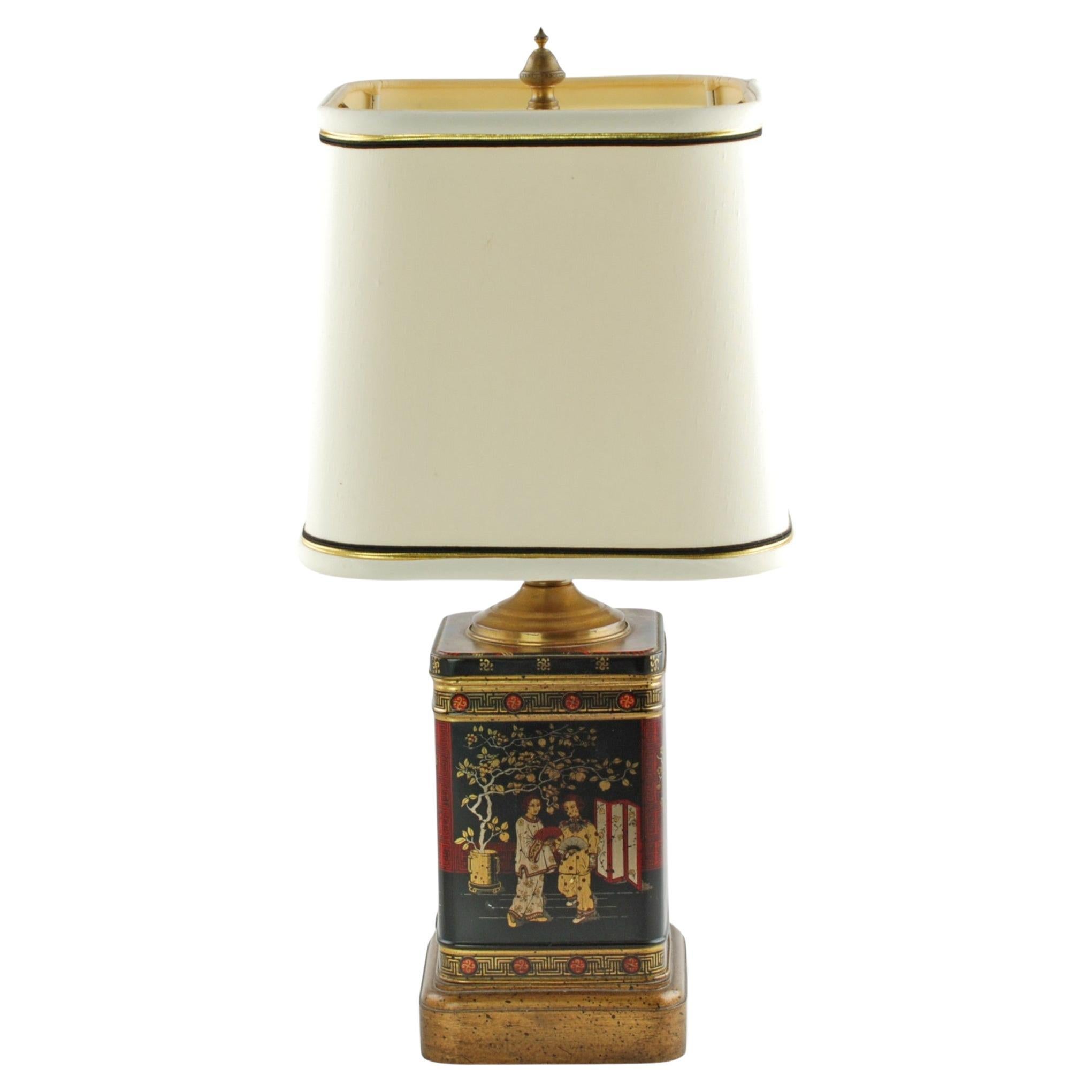 Vintage Wildwood Chinoiserie English Tea Tin Table Lamp, Artemis Studios Shade