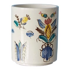 Vintage Wilhelm Kåge Ceramic Vase in White with Flower Decoration, Sweden, 1940s