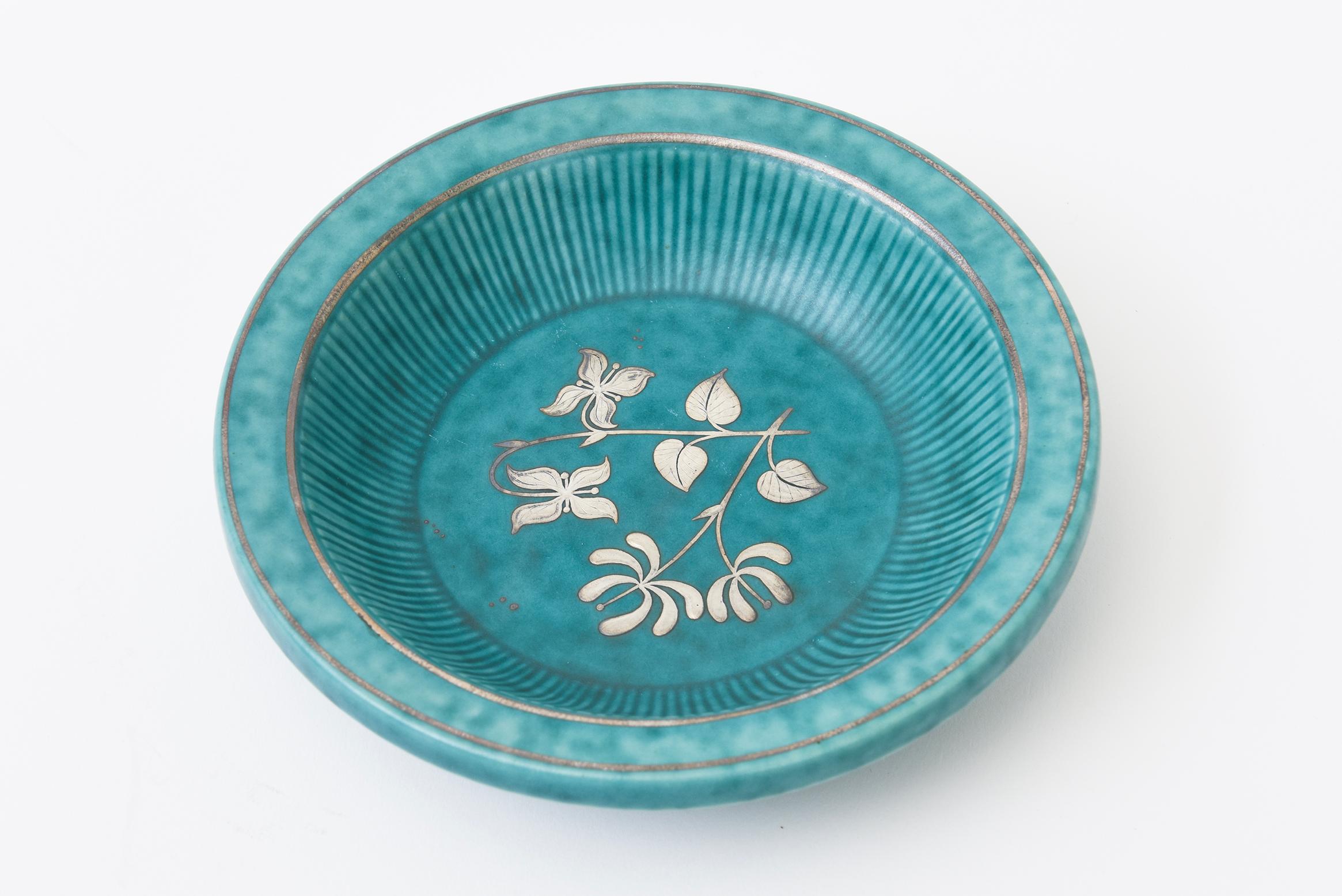 Vintage Wilhelm Kage For Gustavsberg Argenta Ceramic Bowl, Silver Flowers, Leafs For Sale 4