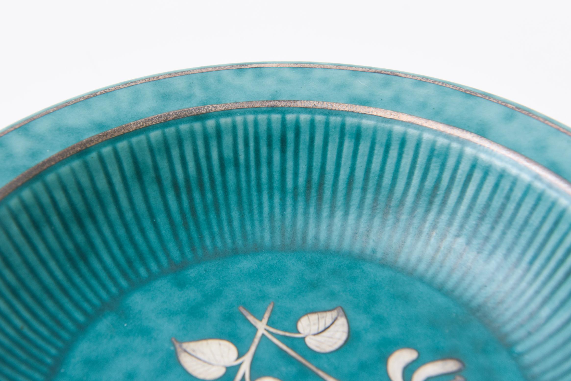 Vintage Wilhelm Kage For Gustavsberg Argenta Ceramic Bowl, Silver Flowers, Leafs For Sale 5