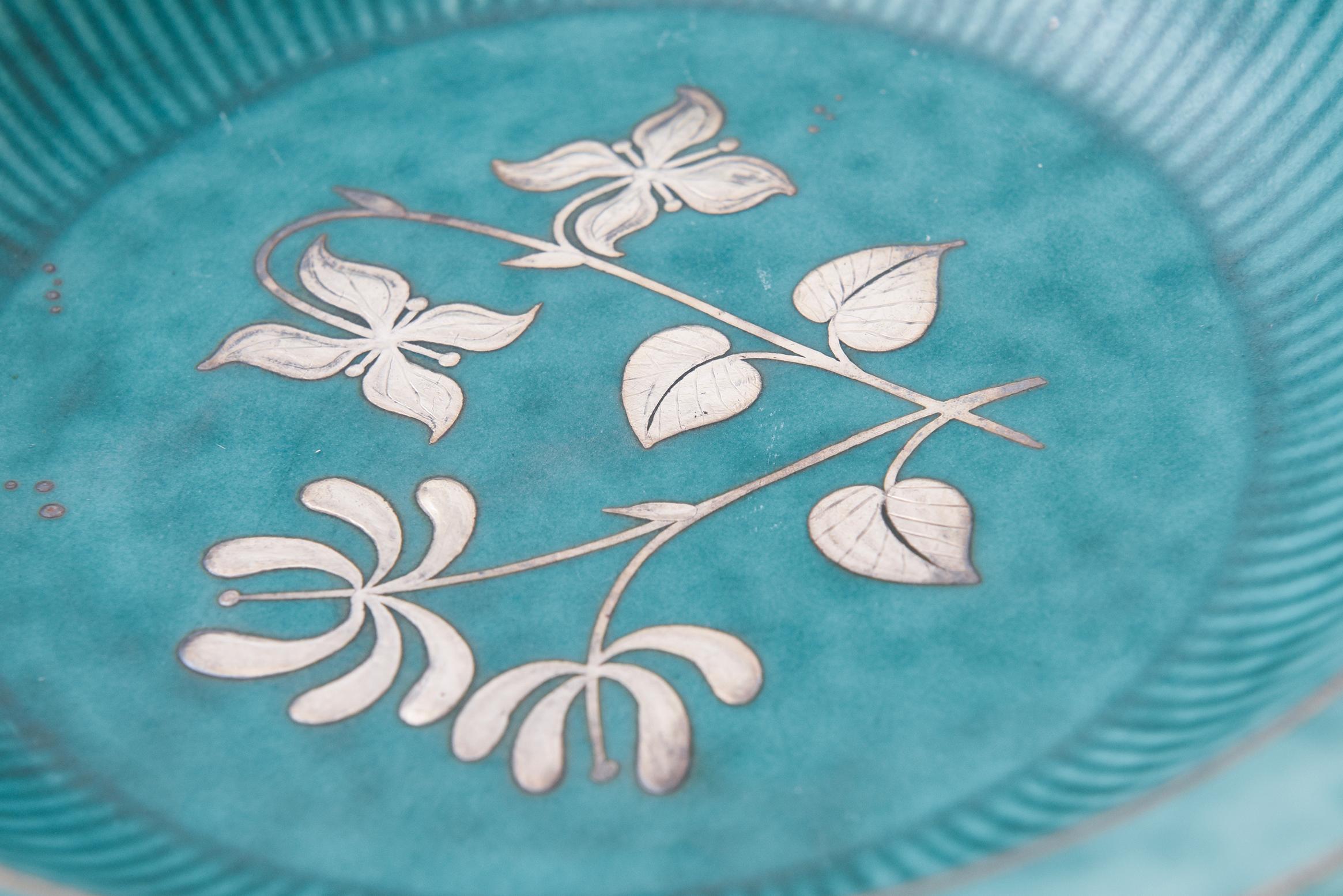 Mid-Century Modern Vintage Wilhelm Kage For Gustavsberg Argenta Ceramic Bowl, Silver Flowers, Leafs For Sale