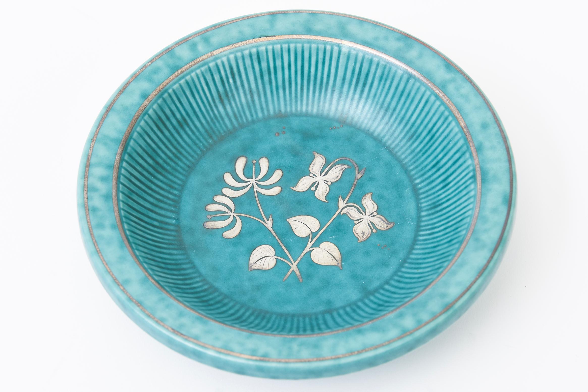 Swedish Vintage Wilhelm Kage For Gustavsberg Argenta Ceramic Bowl, Silver Flowers, Leafs For Sale