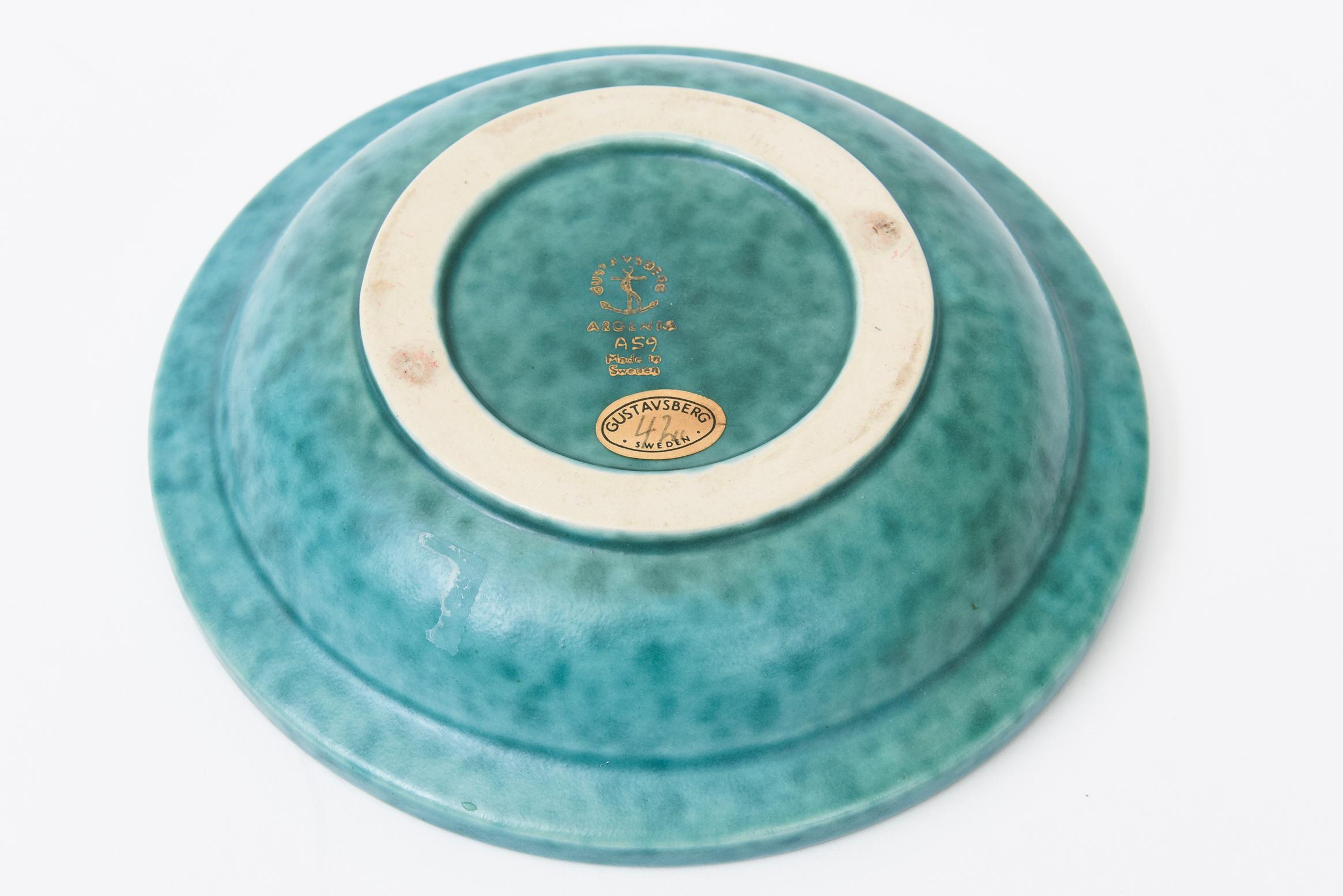 Vintage Wilhelm Kage For Gustavsberg Argenta Ceramic Bowl, Silver Flowers, Leafs In Good Condition For Sale In North Miami, FL