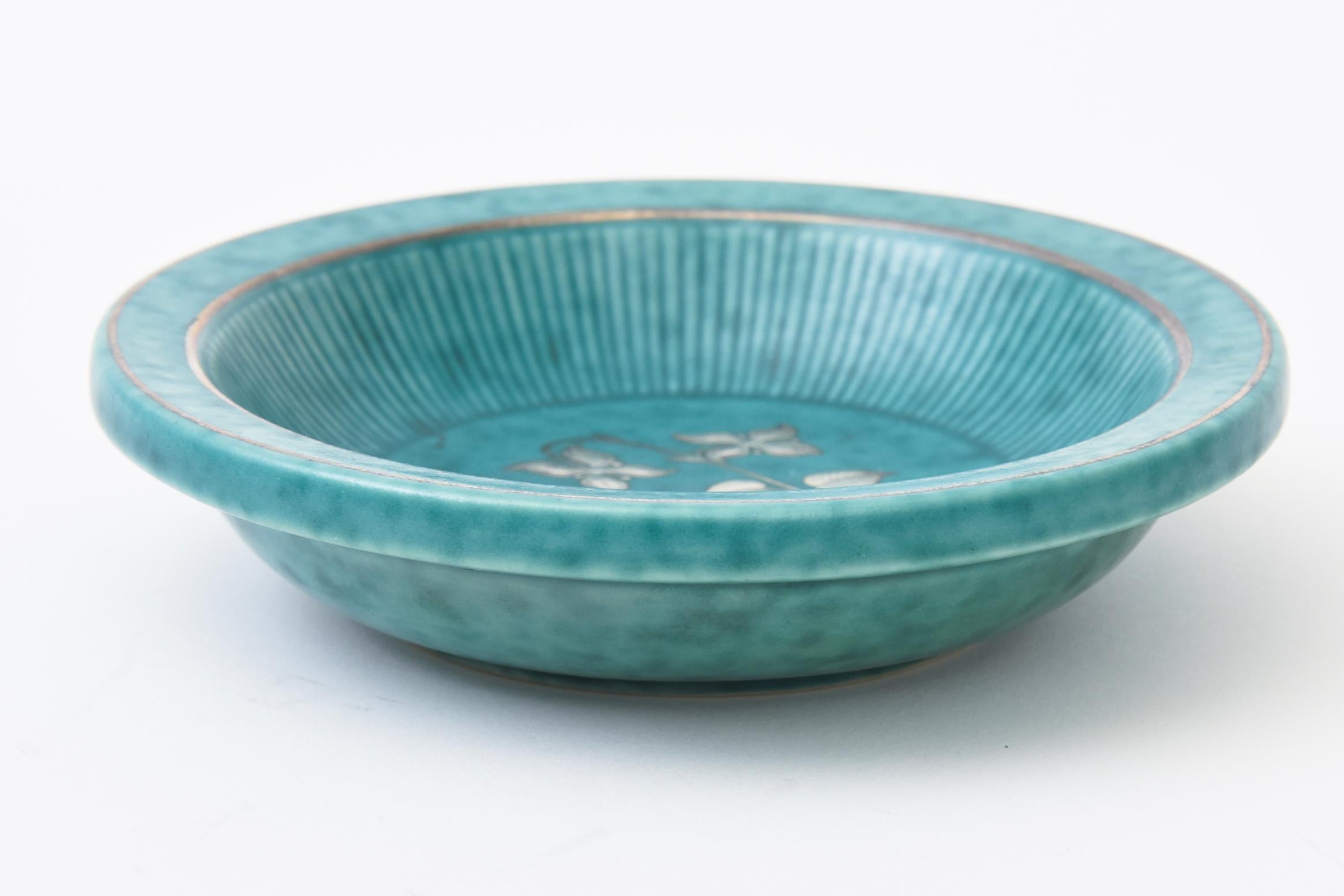 Mid-20th Century Vintage Wilhelm Kage For Gustavsberg Argenta Ceramic Bowl, Silver Flowers, Leafs For Sale