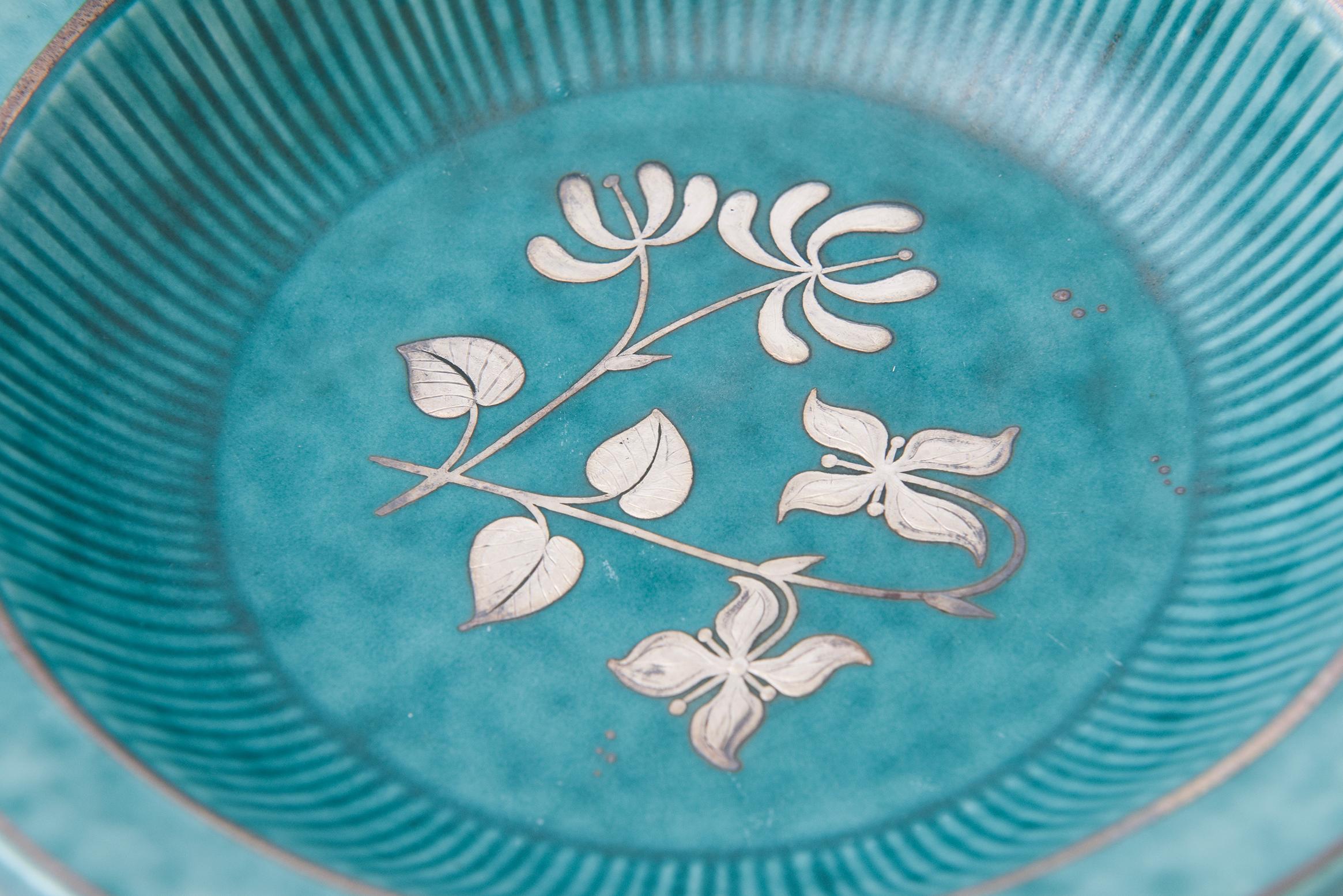 Vintage Wilhelm Kage For Gustavsberg Argenta Ceramic Bowl, Silver Flowers, Leafs For Sale 1