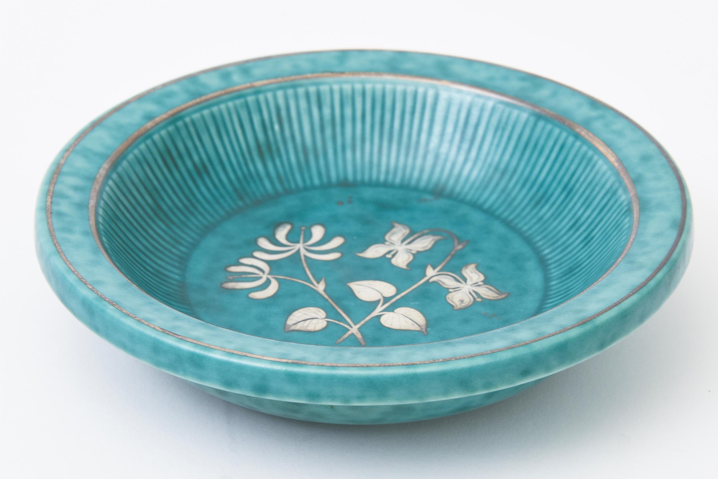 Vintage Wilhelm Kage For Gustavsberg Argenta Ceramic Bowl, Silver Flowers, Leafs For Sale 2
