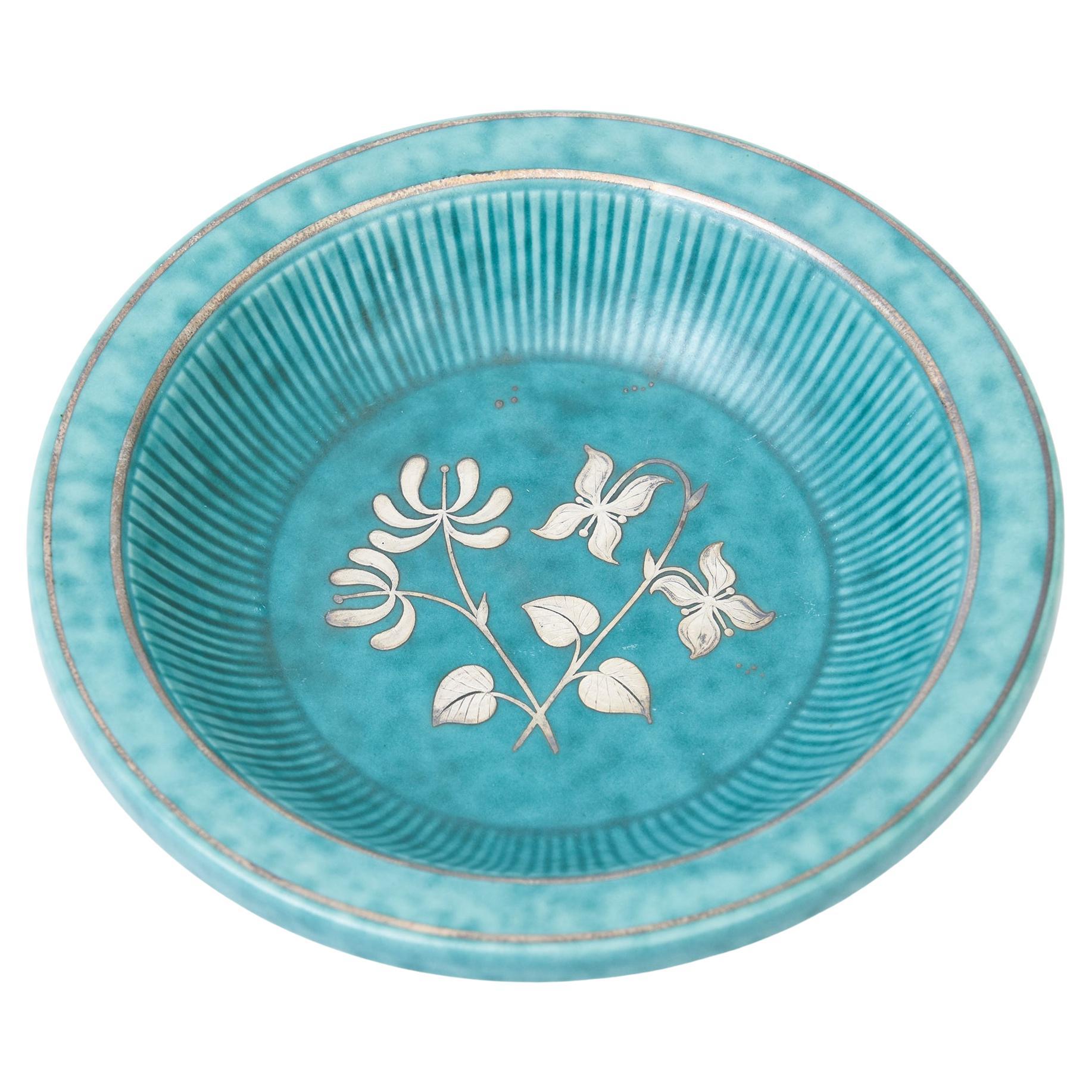 Vintage Wilhelm Kage For Gustavsberg Argenta Ceramic Bowl, Silver Flowers, Leafs For Sale