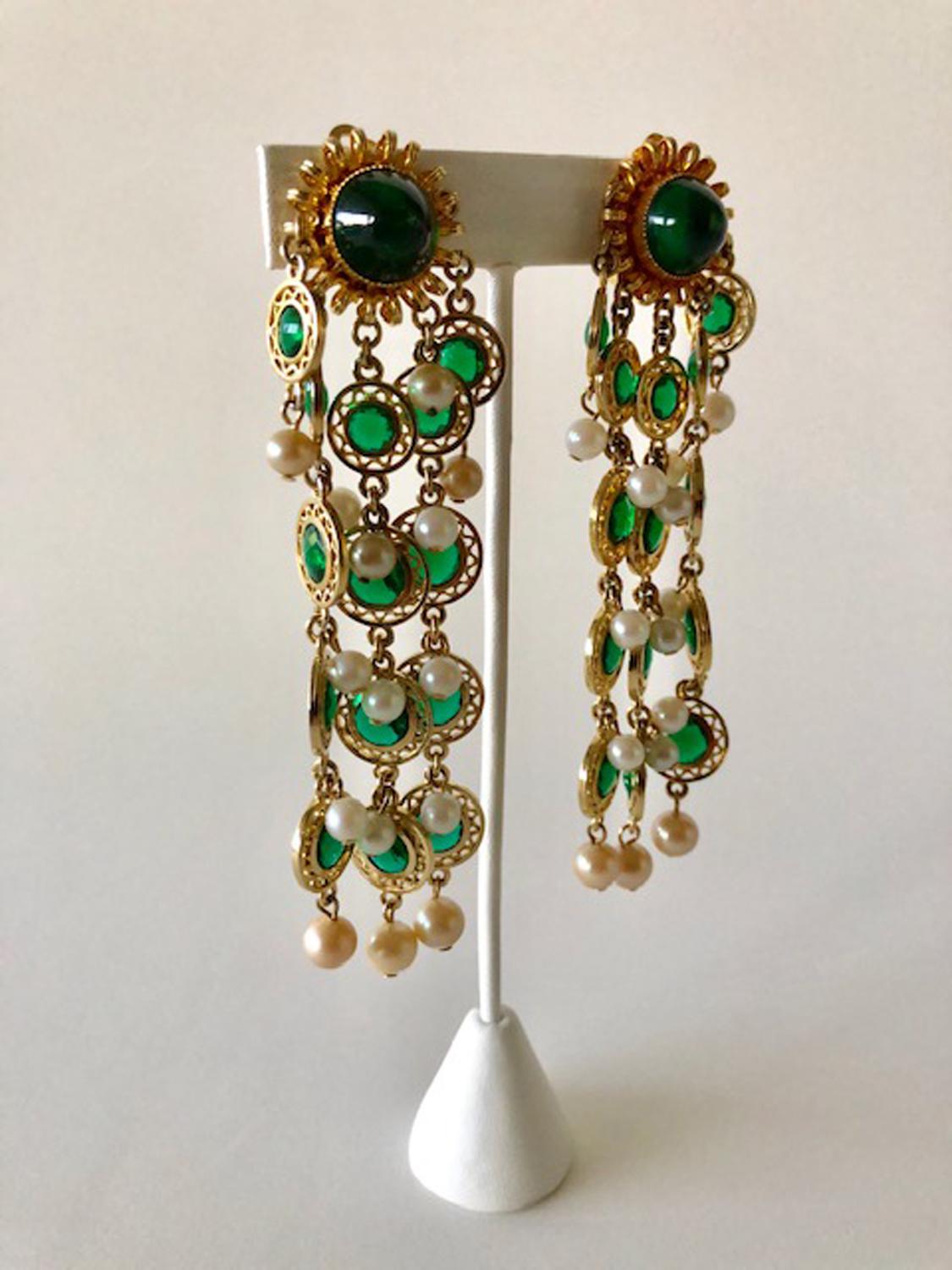 Contemporary Vintage Faux Emerald and Pearl Fringe Statement Earrings 
