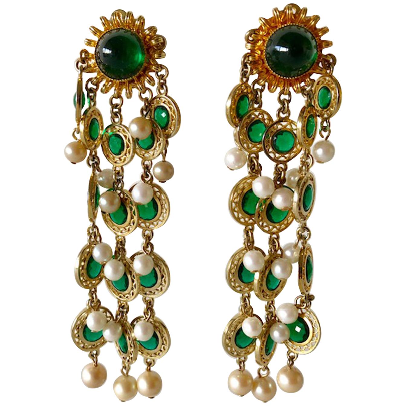 Vintage Faux Emerald and Pearl Fringe Statement Earrings 