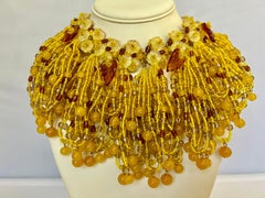 Vintage William de Lillo Yellow Beaded Fringe Leaves Necklace