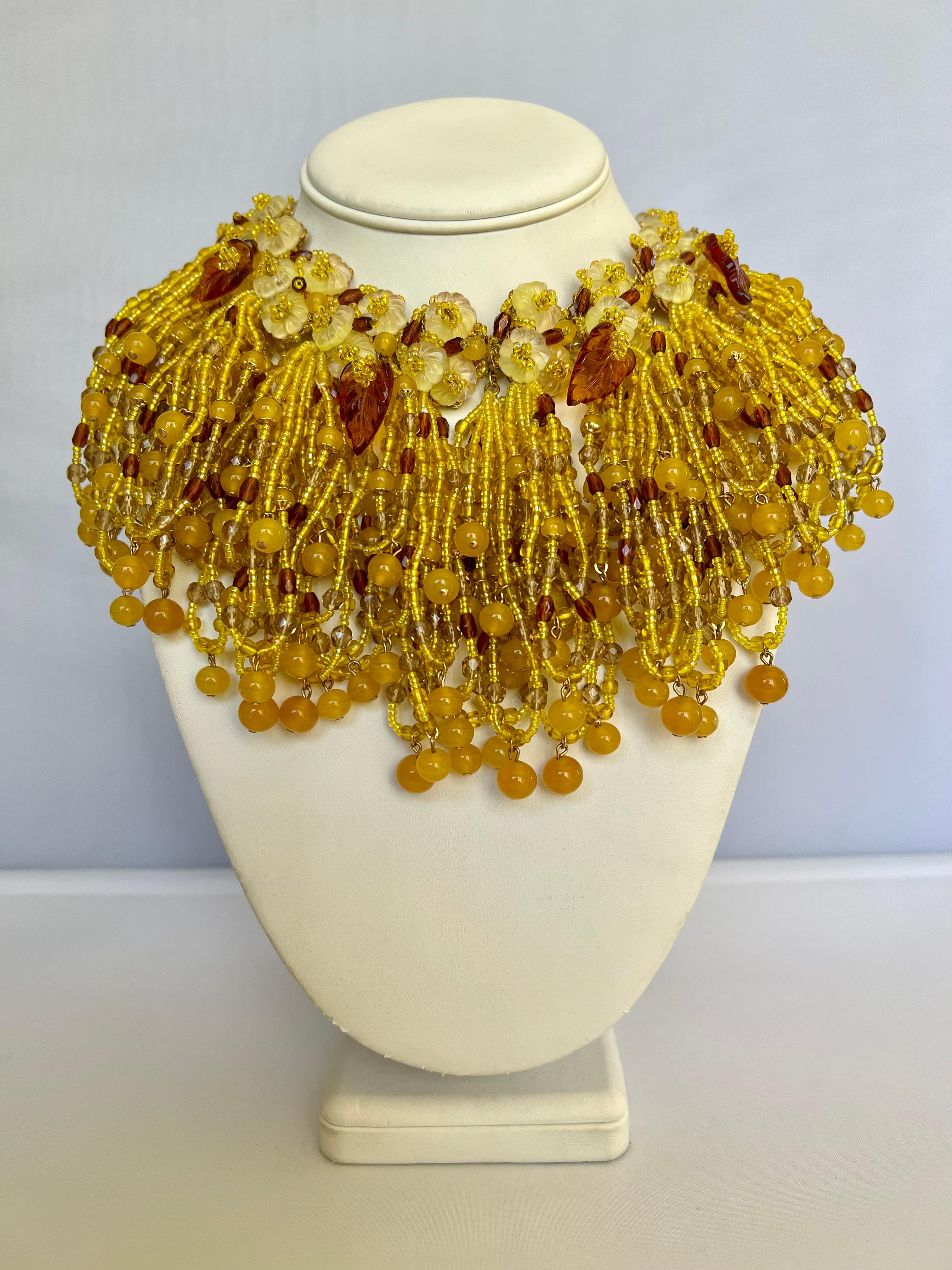 Artisan Vintage William de Lillo Yellow Beaded Fringe Leaves Necklace  For Sale