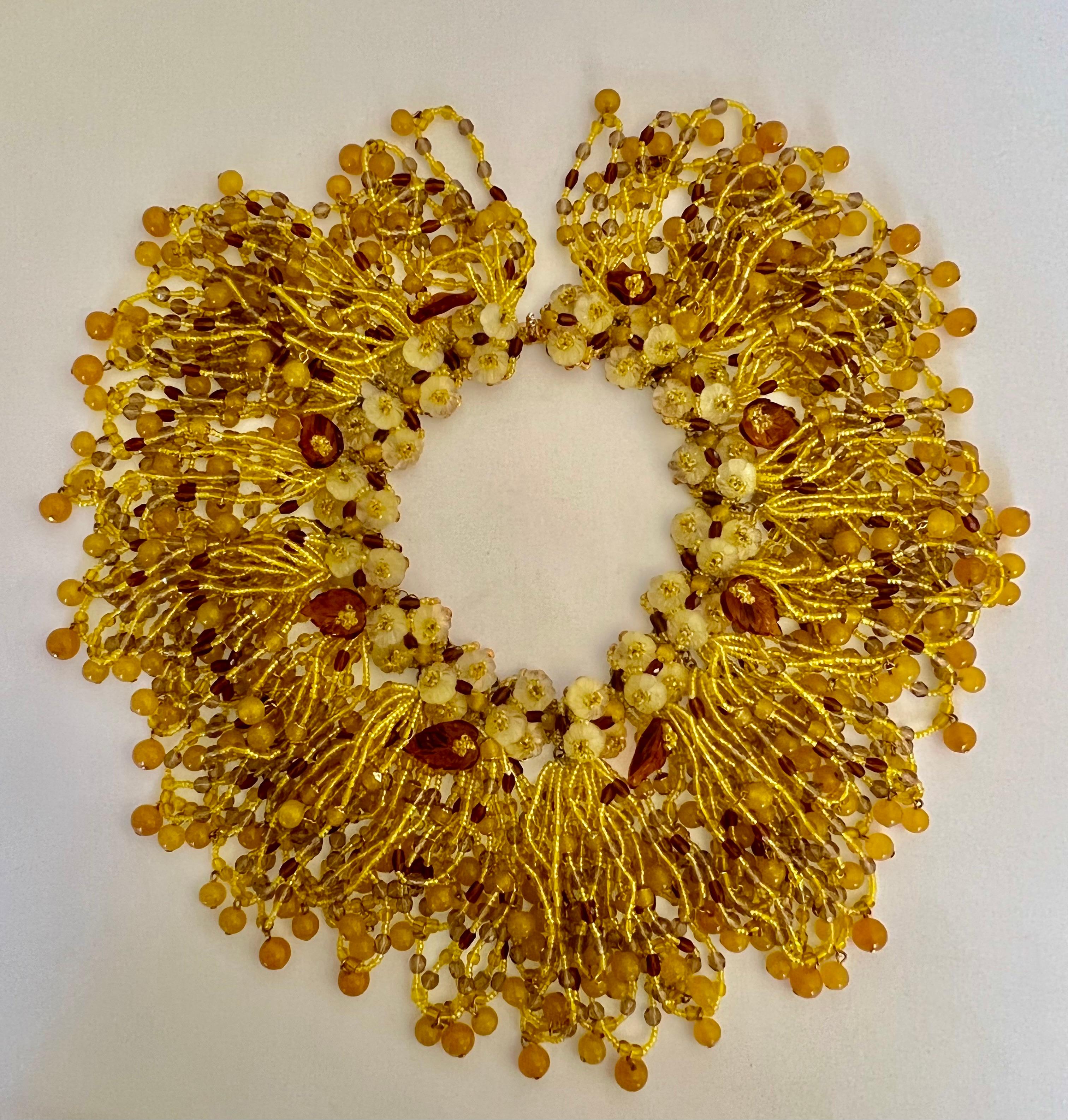 Women's Vintage William de Lillo Yellow Beaded Fringe Leaves Necklace  For Sale