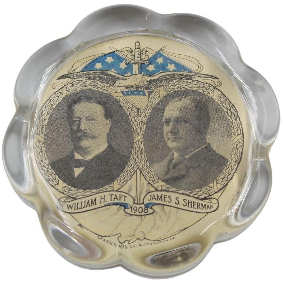 American Vintage William Howard Taft and James Sherman Campaign Glass Paperweight, 1908