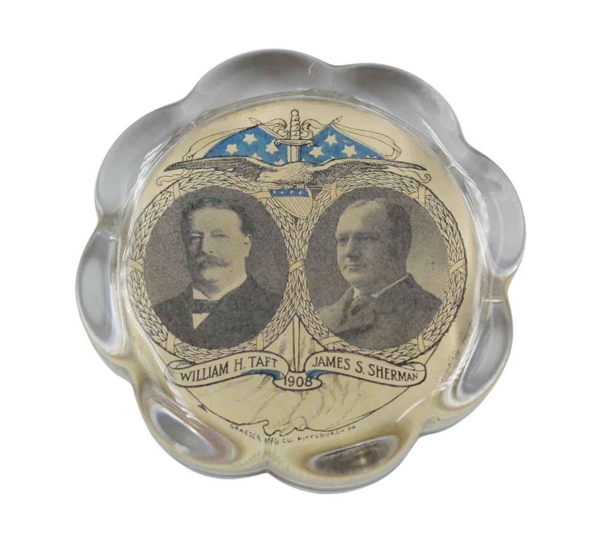 Glazed Vintage William Howard Taft and James Sherman Campaign Glass Paperweight, 1908