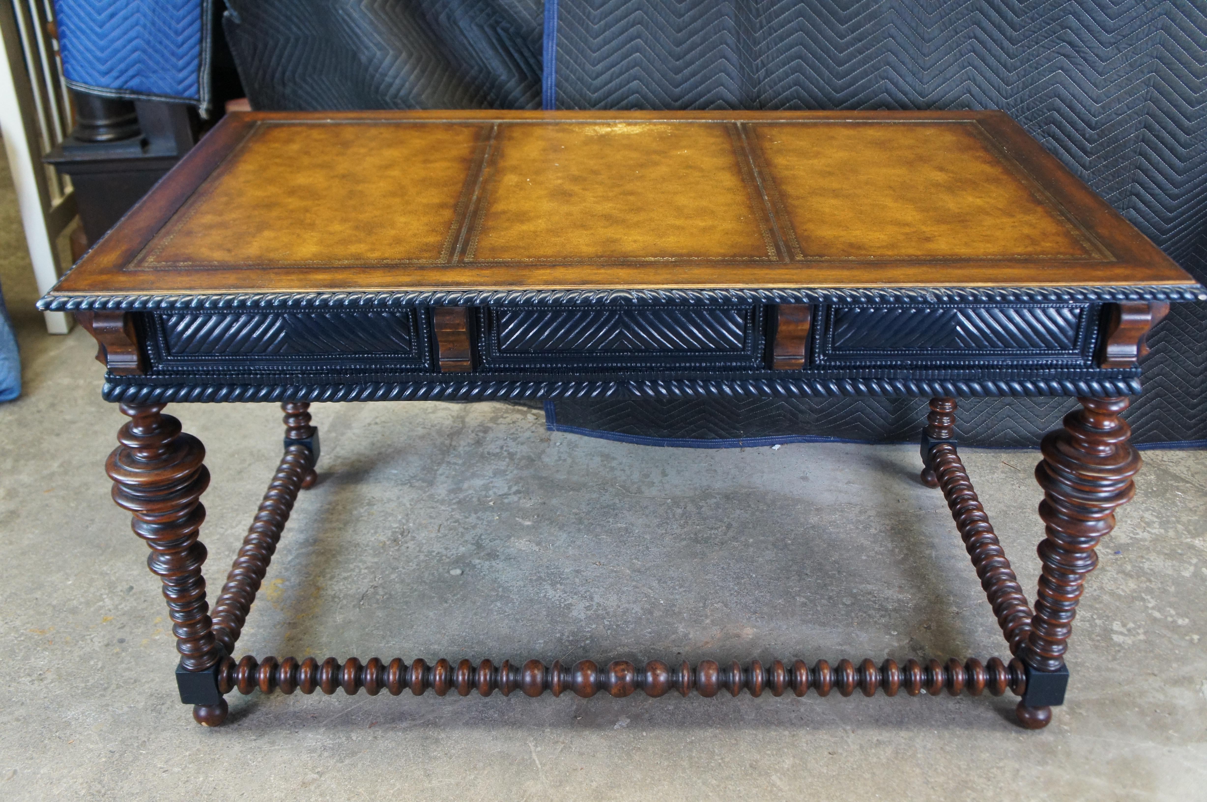 Vintage William & Mary Style Mahogany Tooled Leather Library Table Desk 56