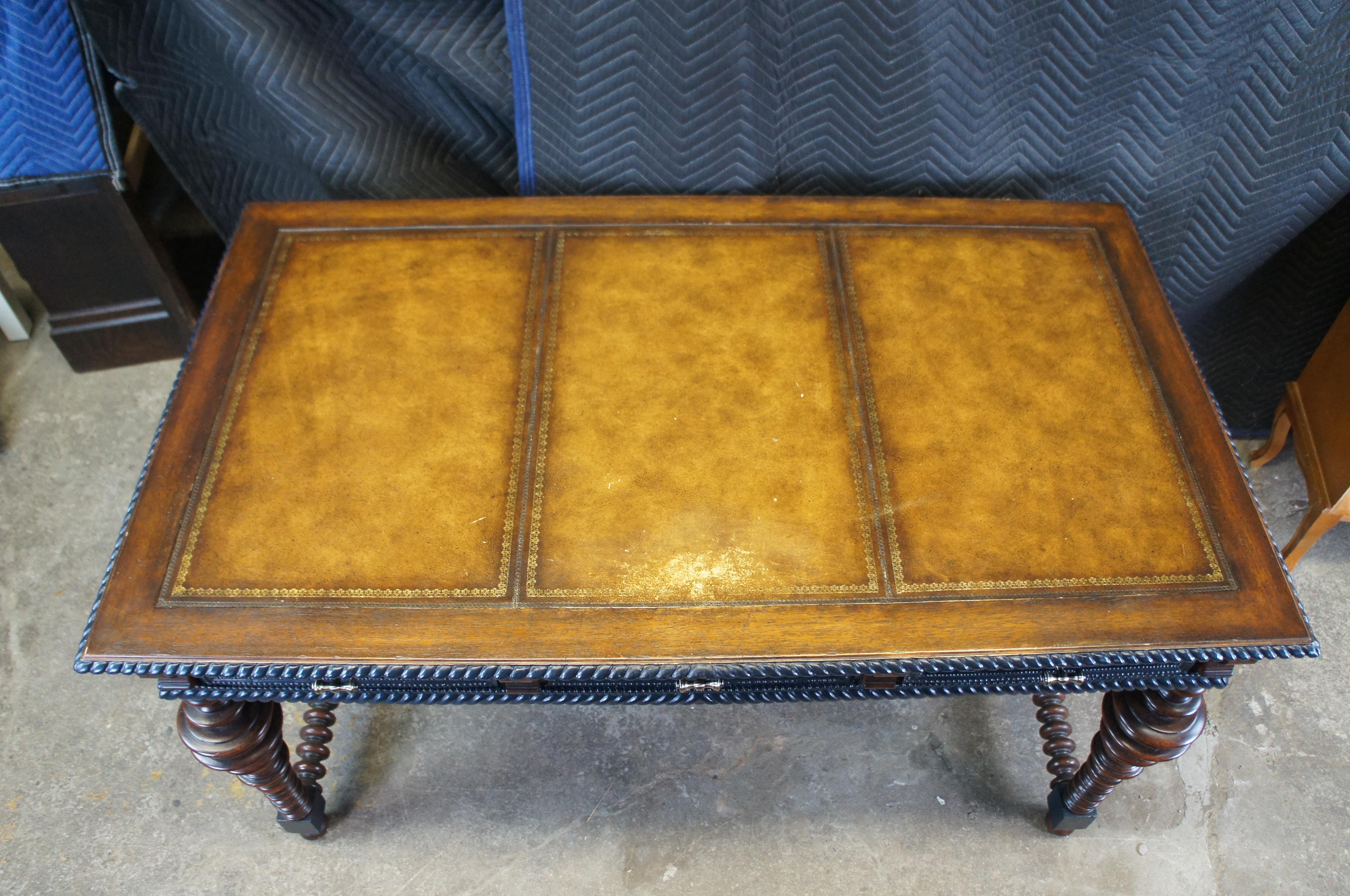 Vintage William & Mary Style Mahogany Tooled Leather Library Table Desk 56