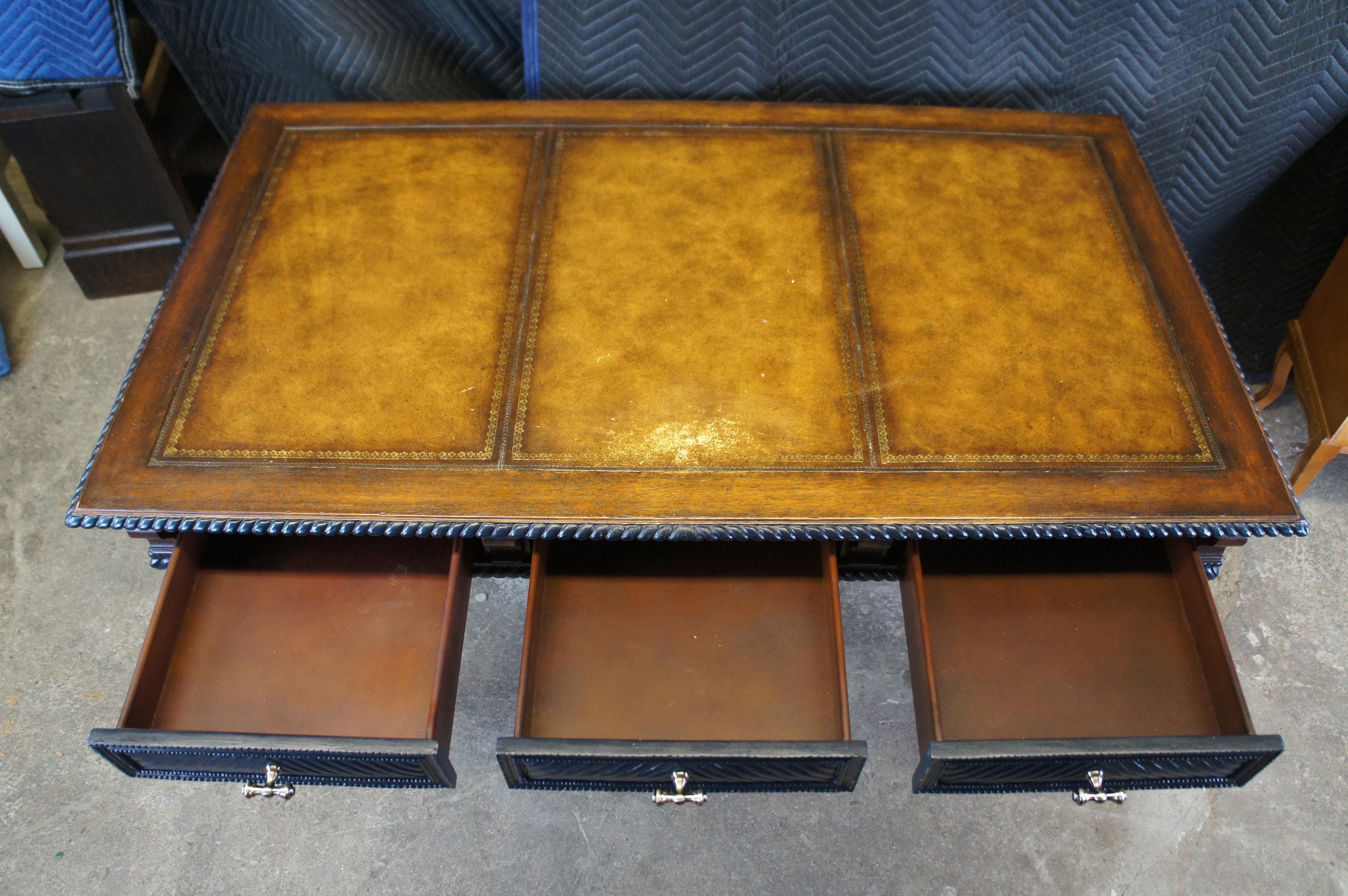 Vintage William & Mary Style Mahogany Tooled Leather Library Table Desk 56