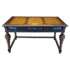 Vintage William & Mary Style Mahogany Tooled Leather Library Table Desk 56"