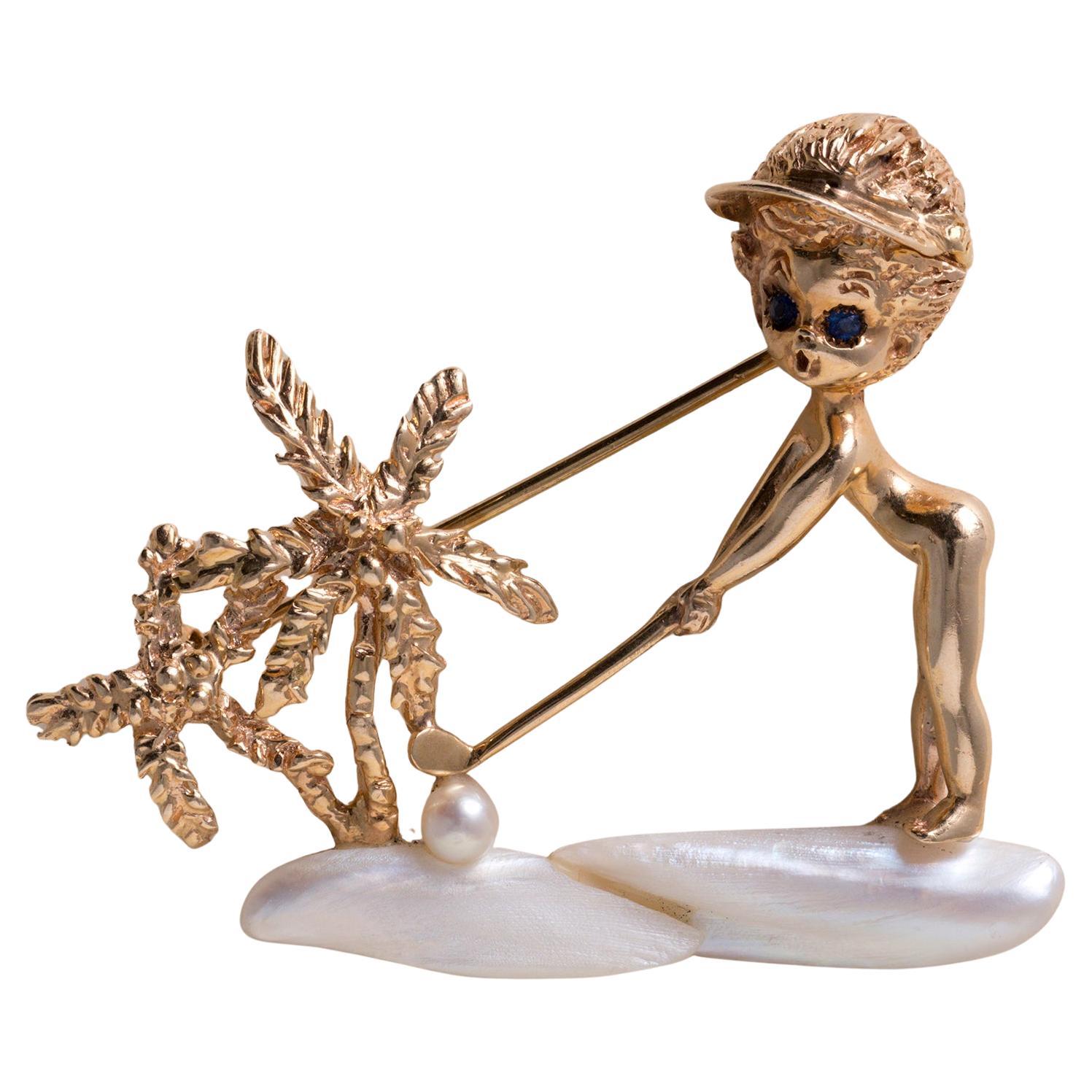 Vintage William Ruser Angel Island Golfer Pearl Brooch