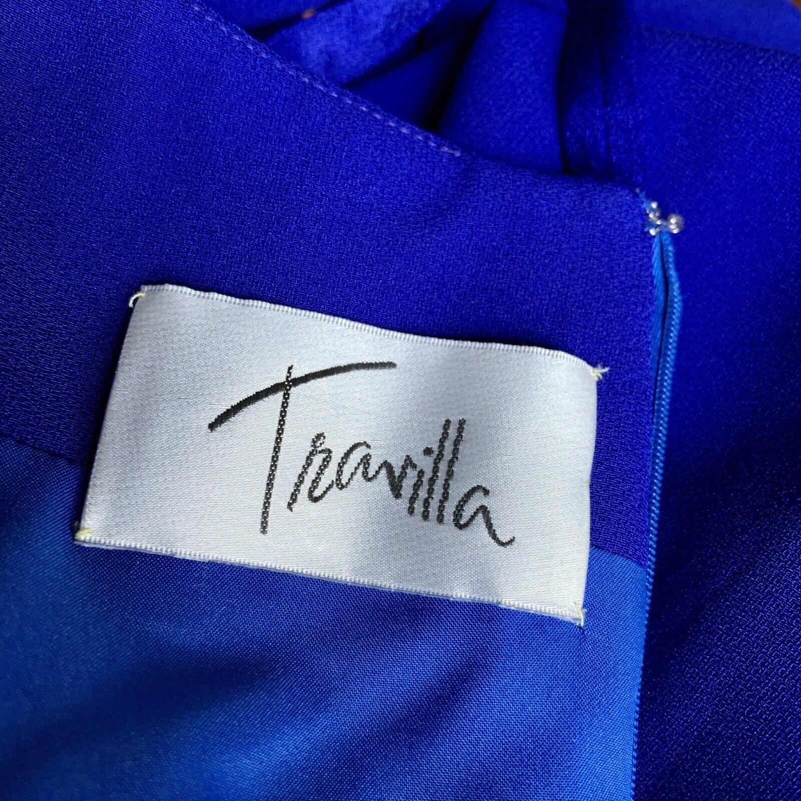 TRAVILLA - Ensemble robe et veste vintage en satin bleu avec strass, taille 10 en vente 12