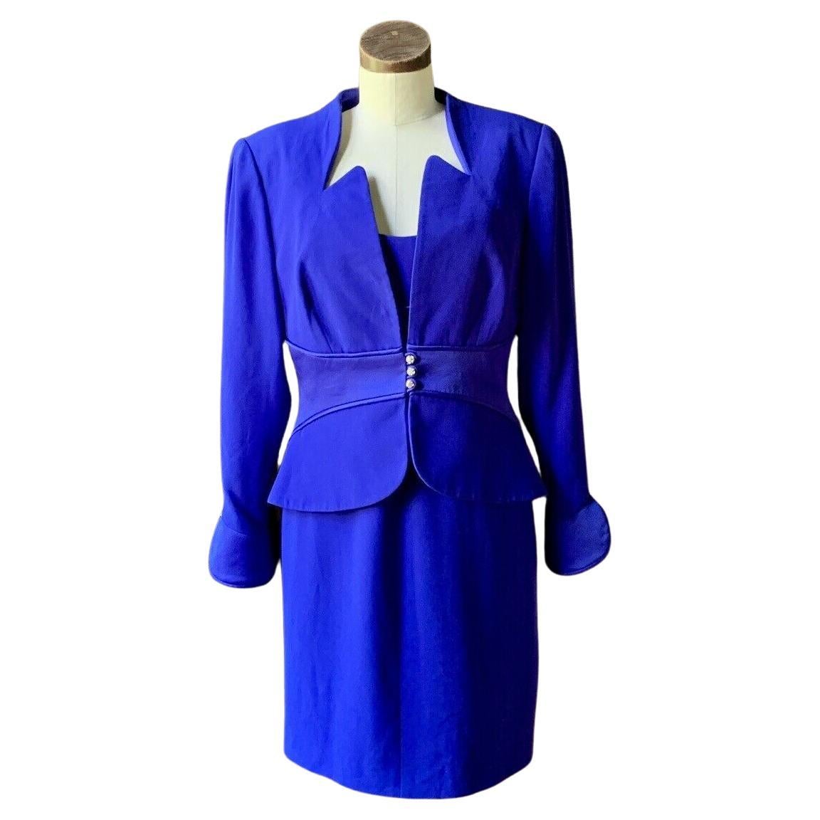 TRAVILLA - Ensemble robe et veste vintage en satin bleu avec strass, taille 10