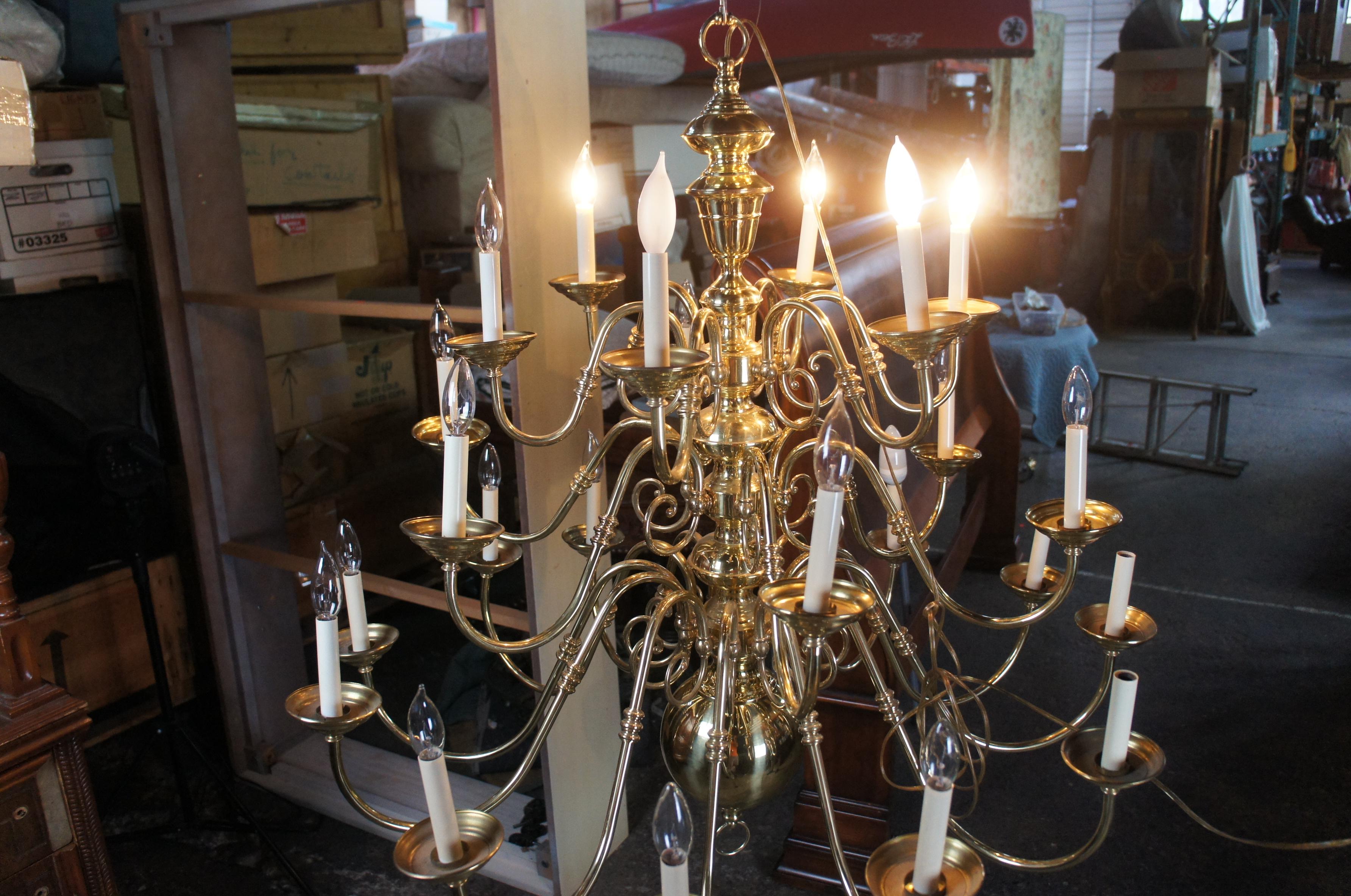 Vintage Williamsburg Colonial Revival 24 Arm Polished Brass Chandelier 40