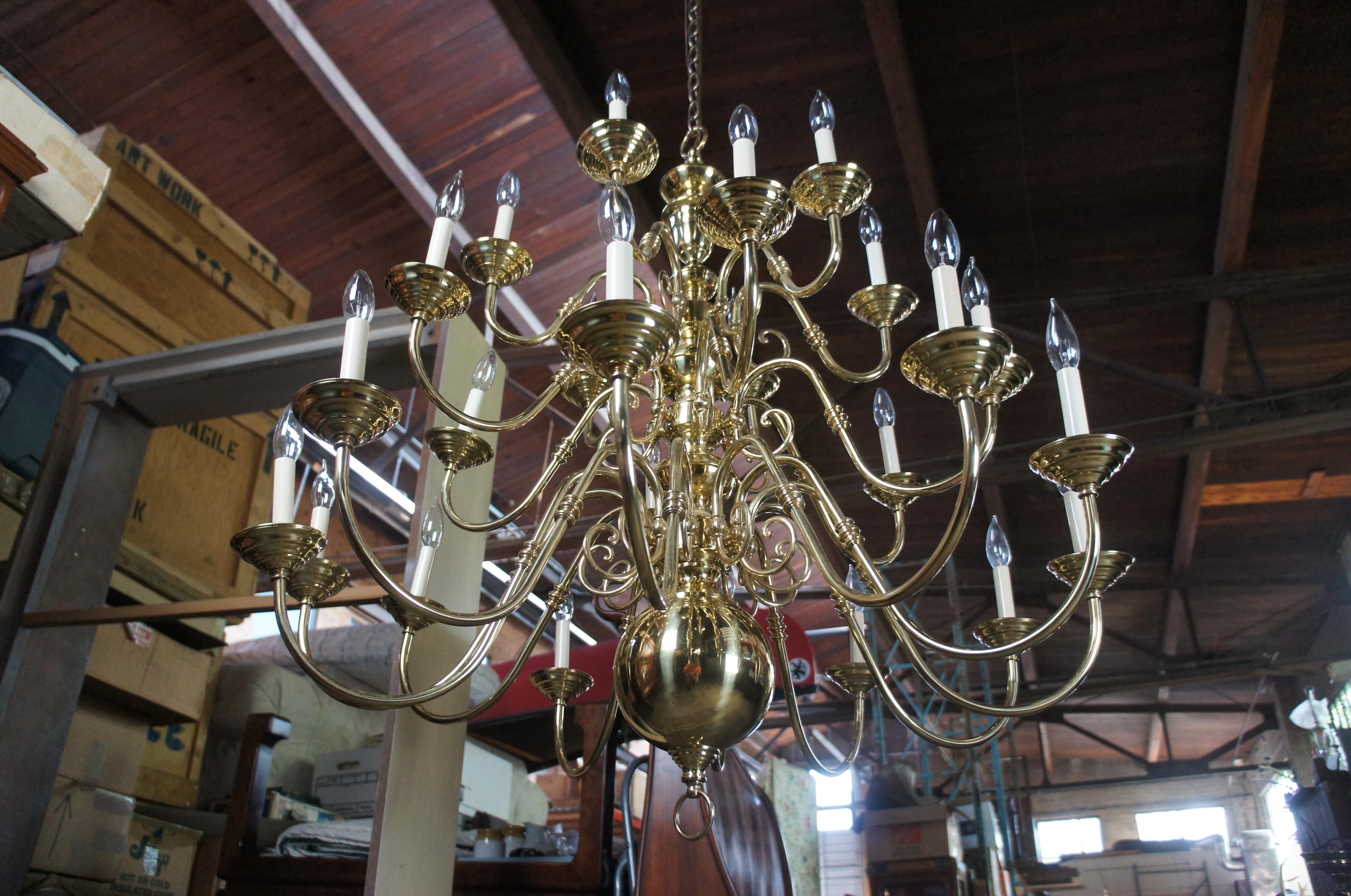 American Colonial Vintage Williamsburg Colonial Revival 24 Arm Polished Brass Chandelier 40