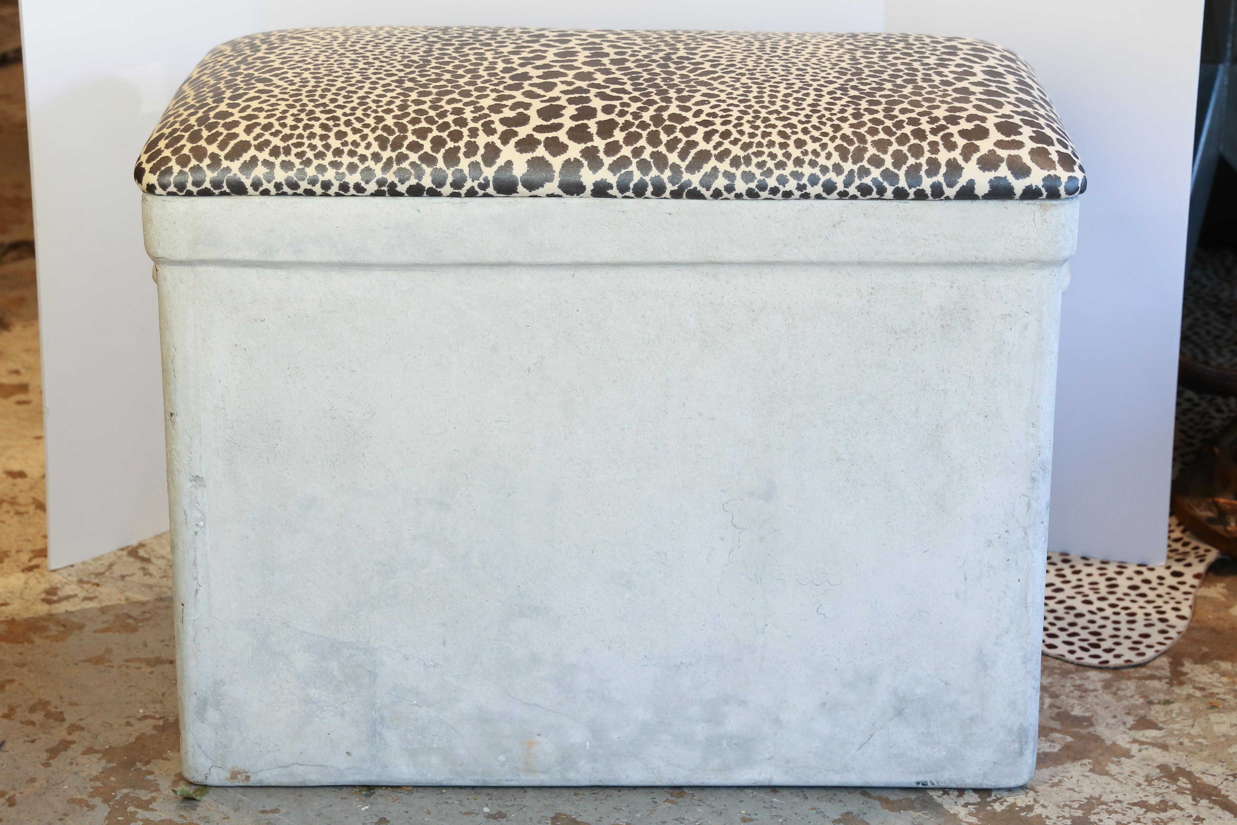 We took this fabulous Willy Guhl box planter and converted it into an even more fabulous bench. With a solid wood top, upholstered in waxed cotton fabric featuring a cheetah print, this piece can easily add a dash of chic storage to any space and
