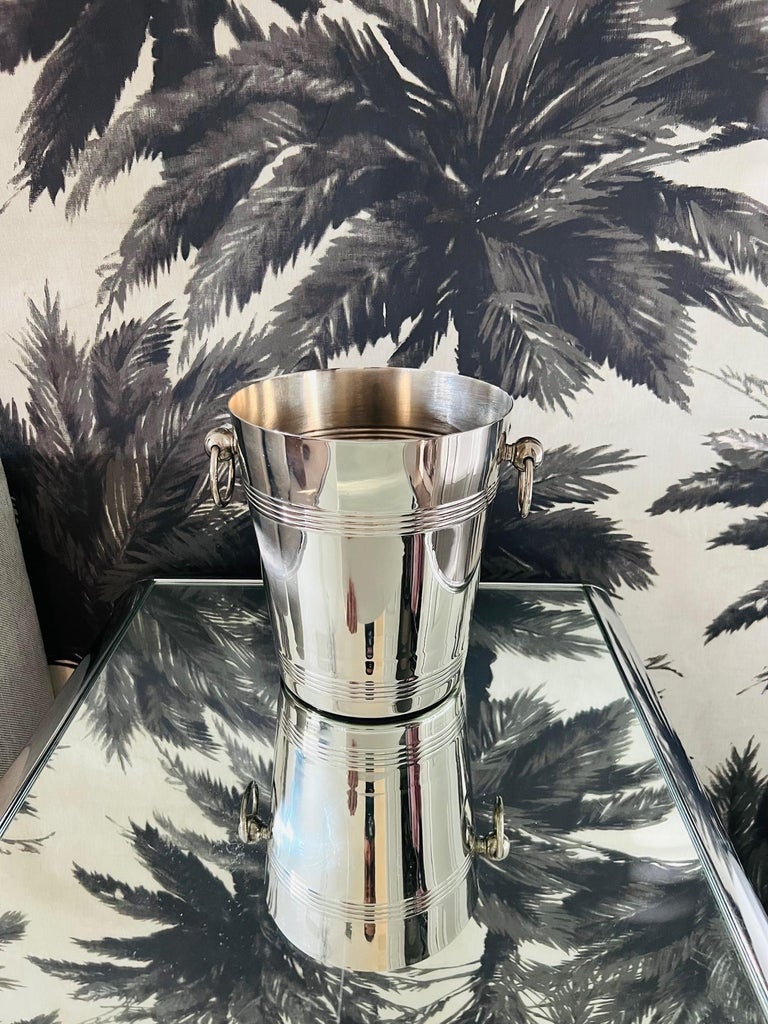 Mid-Century Modern Vintage Wine Cooler Ice Bucket with Rings in Stainless Steel, French, c. 1970's For Sale