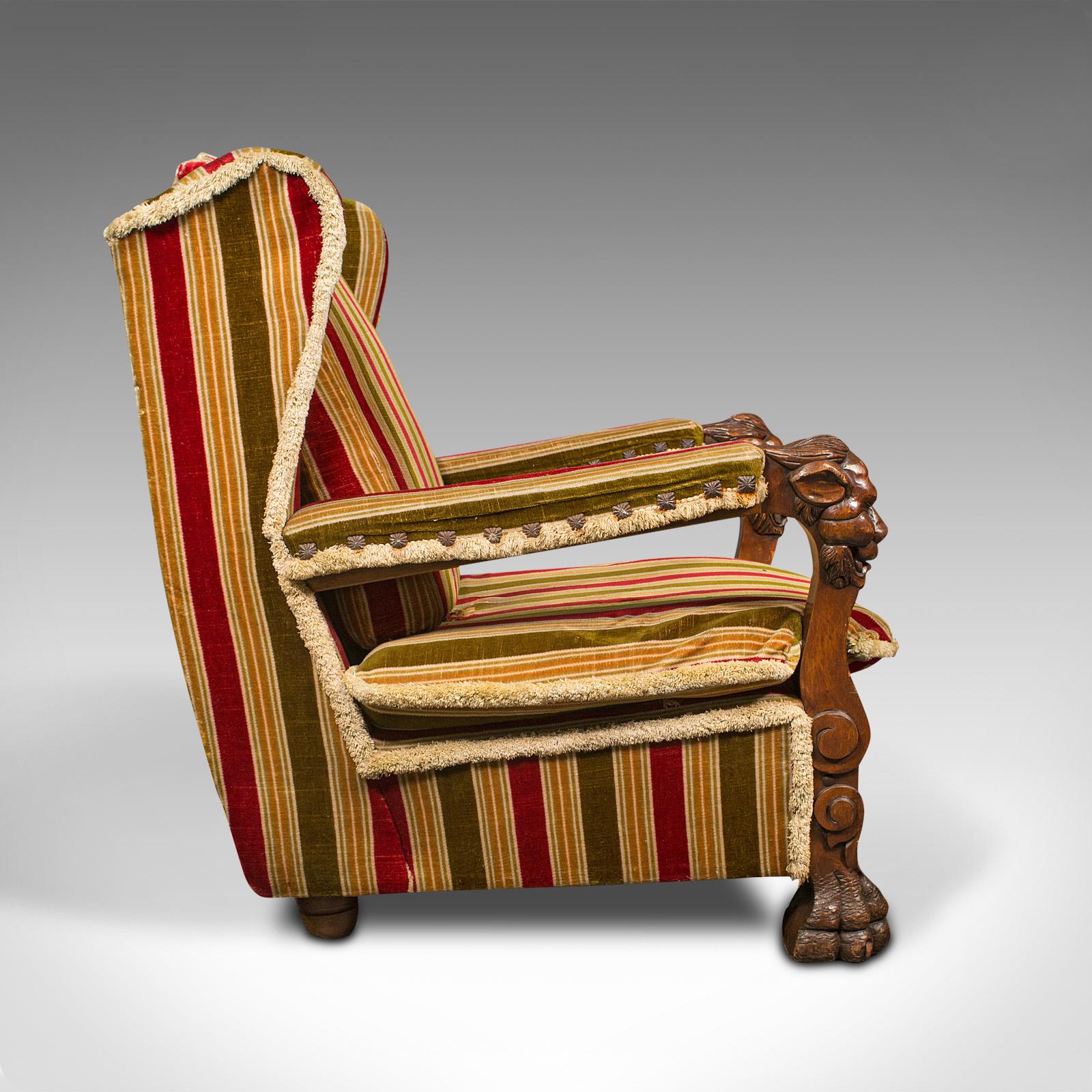 British Vintage Wing Back Arm Chair, English, Oak, Armchair, Gothic Revival, Circa 1950