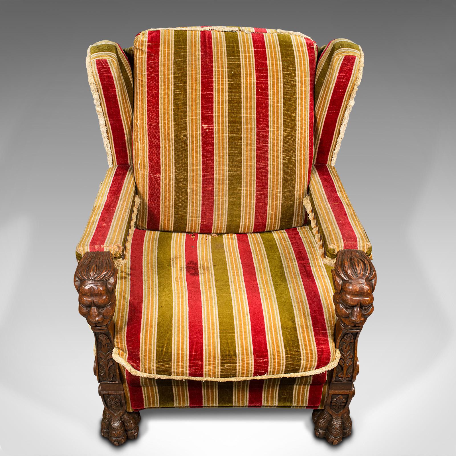 Vintage Wing Back Arm Chair, English, Oak, Armchair, Gothic Revival, Circa 1950 2