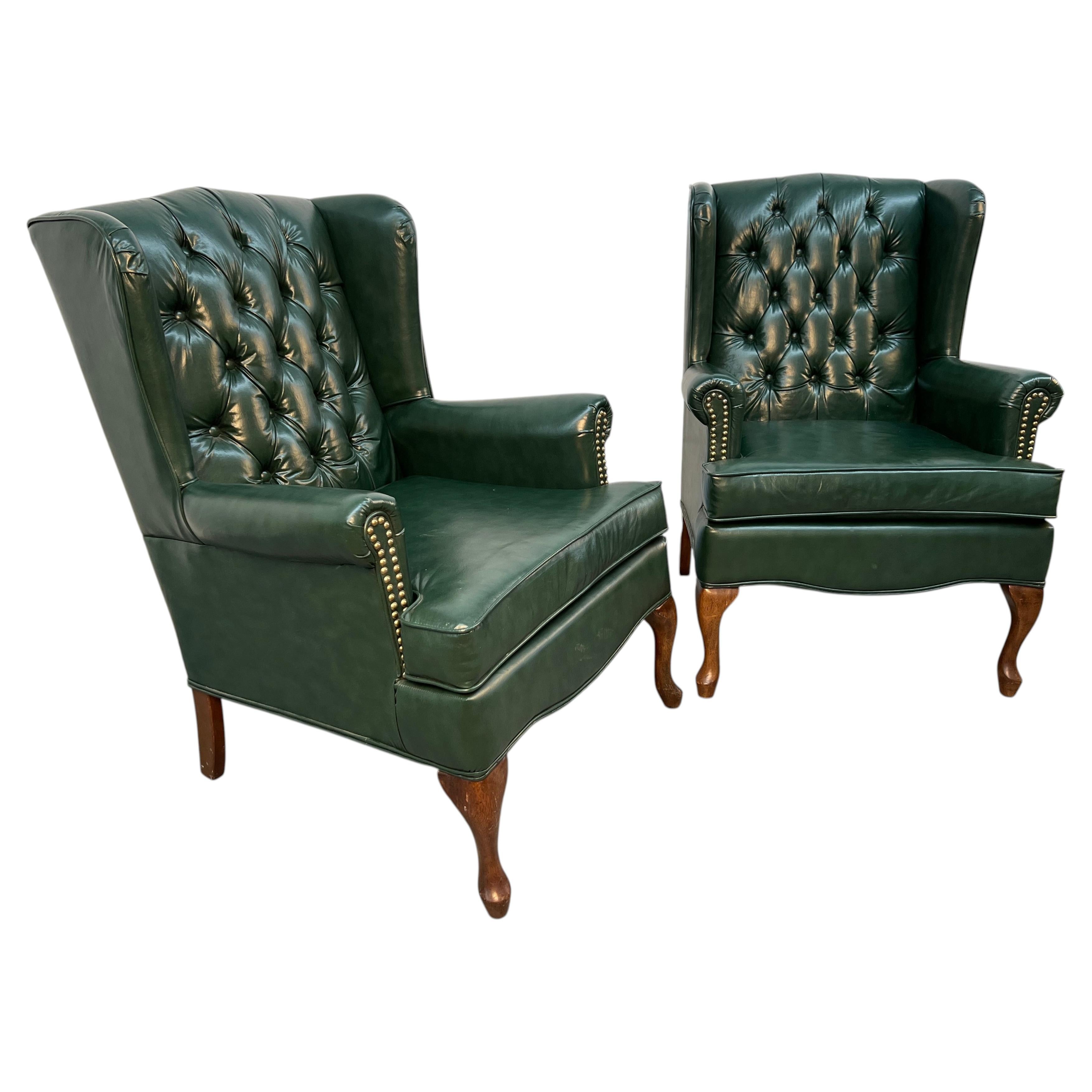 Vintage Wing-Backed Tufted Chesterfield Lounge Chairs