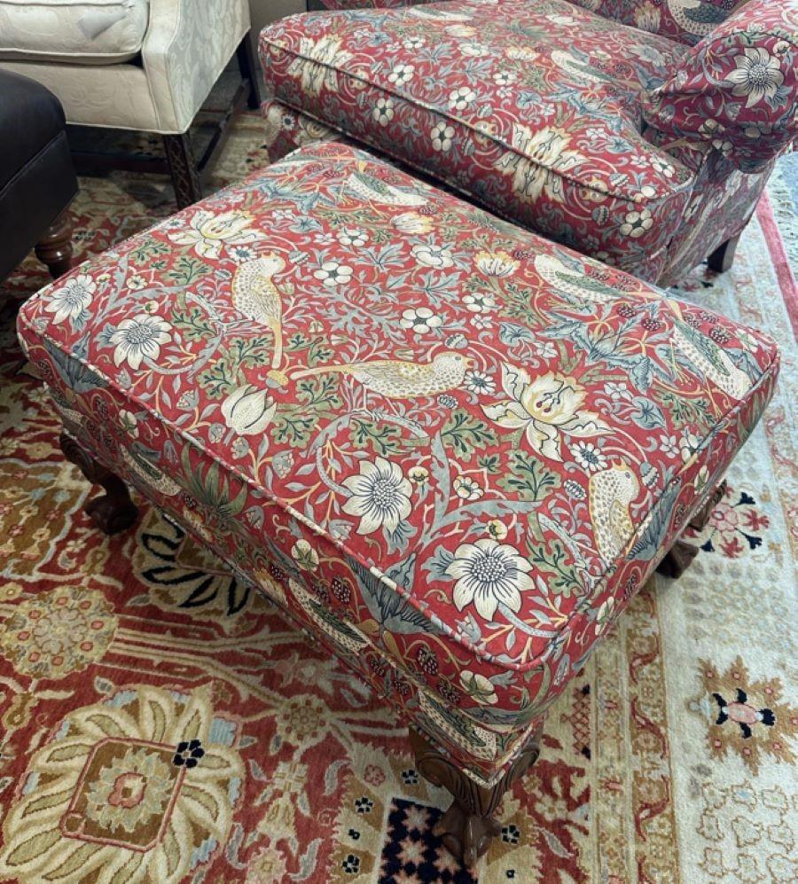 Vintage Wing Chair and Ottoman in William Morris Strawberry Thief Cotton Fabric For Sale 1