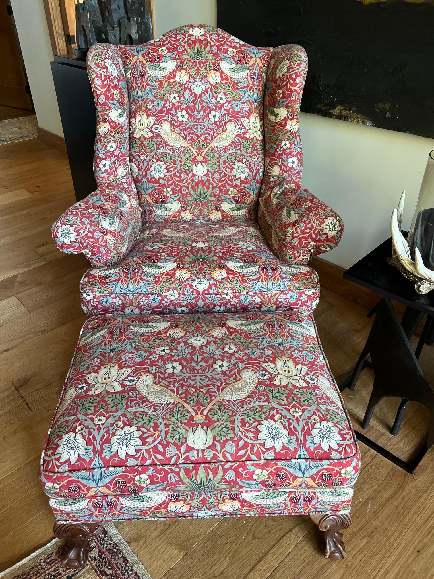 Vintage Wing Chair and Ottoman in William Morris Strawberry Thief Cotton Fabric For Sale 3