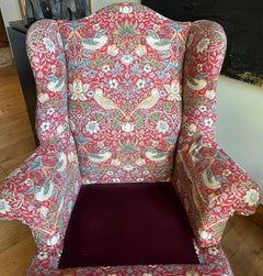 Vintage Wing Chair and Ottoman in William Morris Strawberry Thief Cotton Fabric