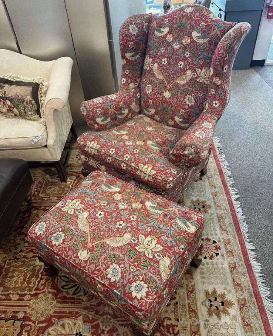 Vintage Wing Chair and Ottoman in William Morris Strawberry Thief Cotton Fabric For Sale